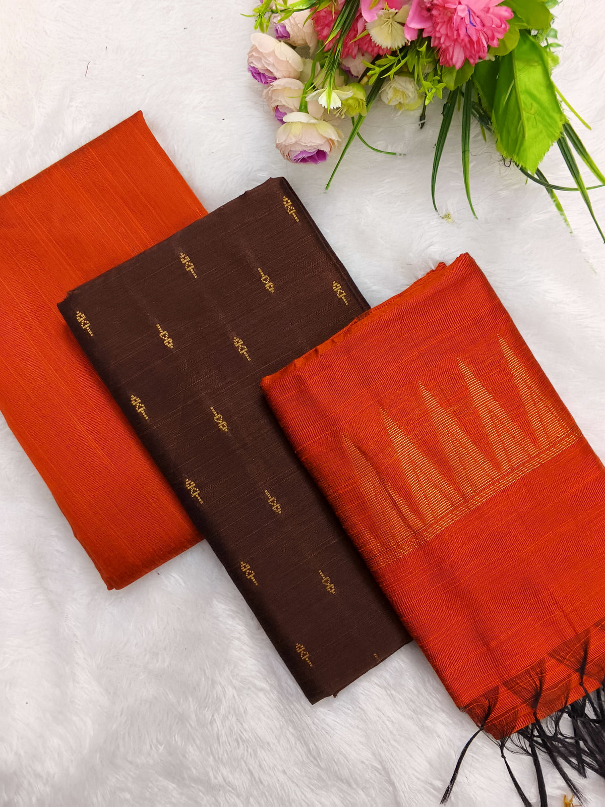 brown with rust orange temple border duppata 3 piece set