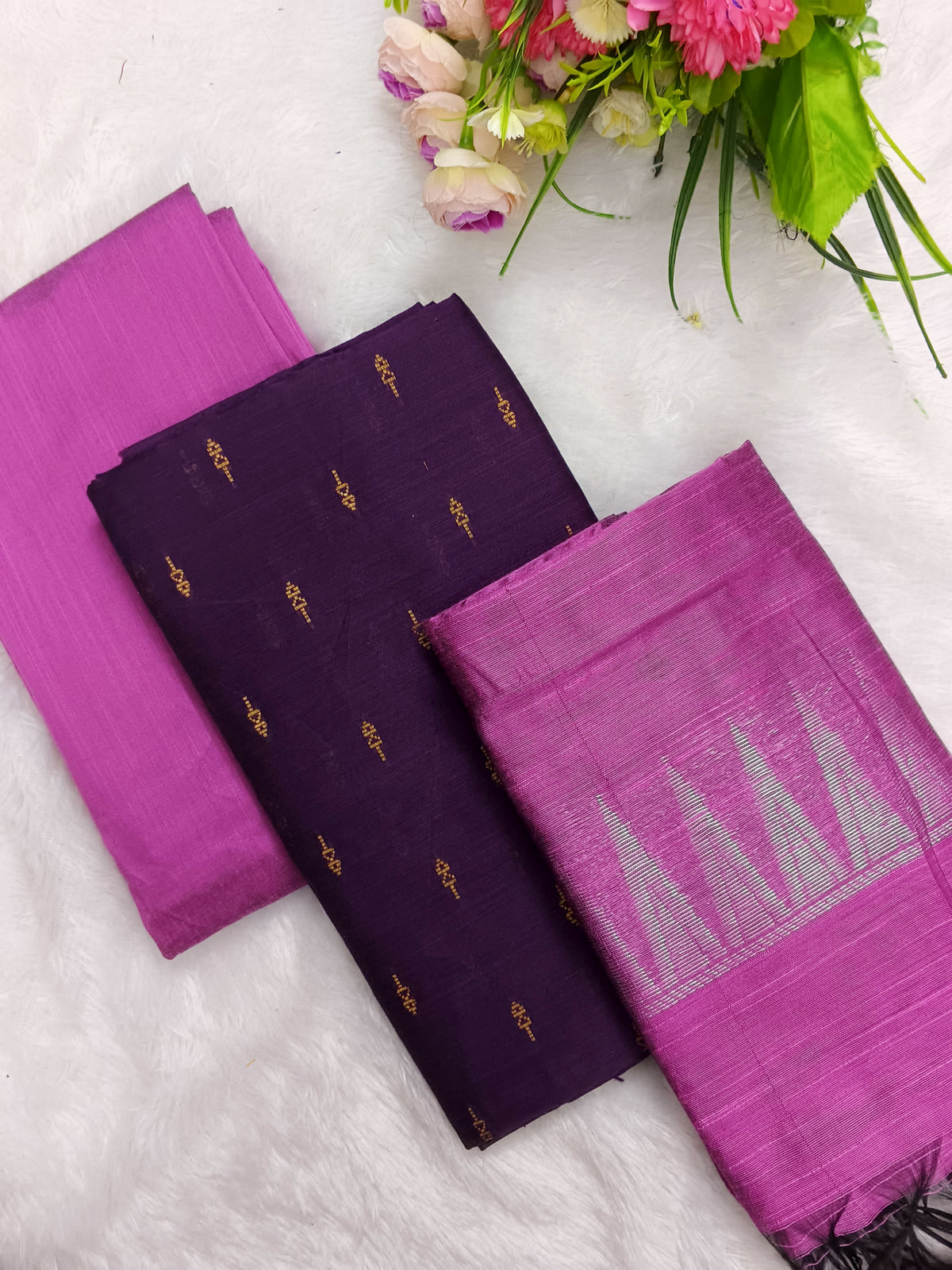 wine with pink temple border duppata 3 piece set