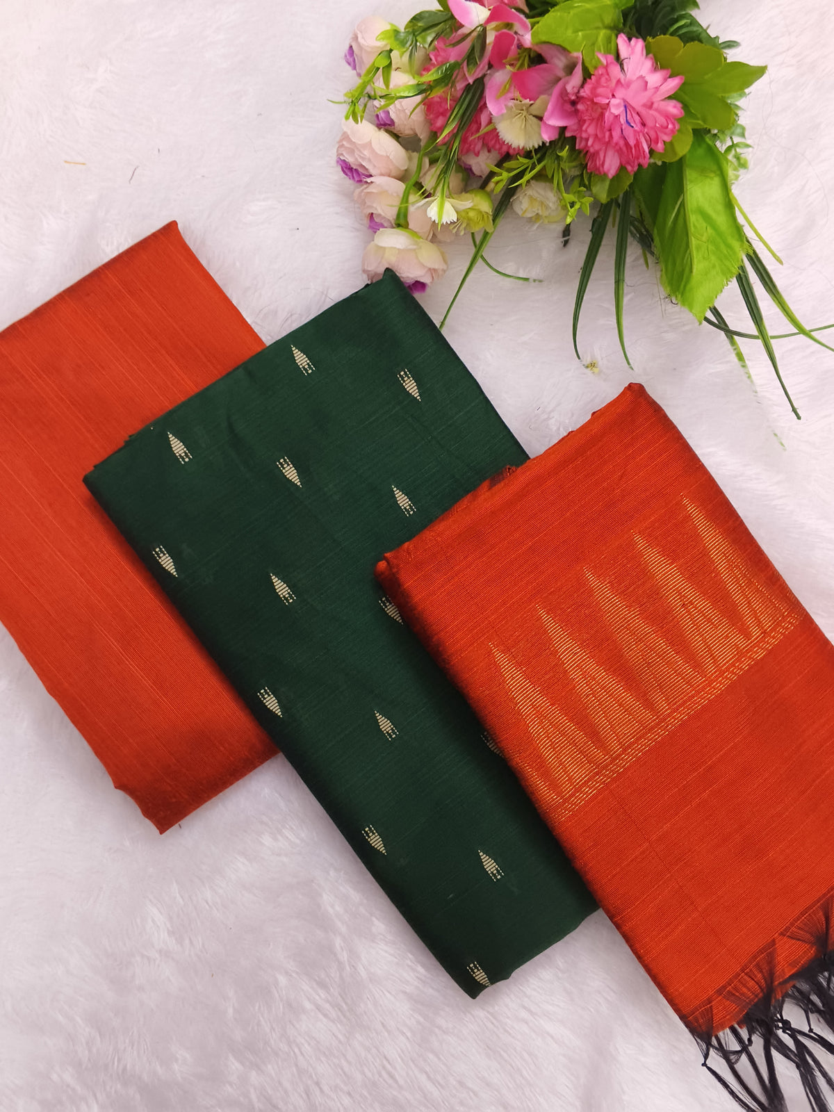 bottle green with orange temple border duppata 3 piece set