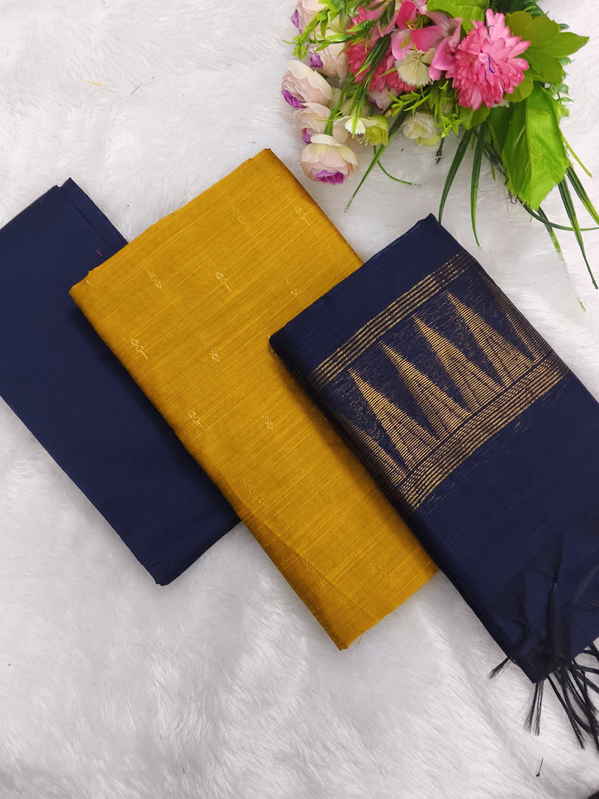yellow with navy blue temple border duppata 3 piece set