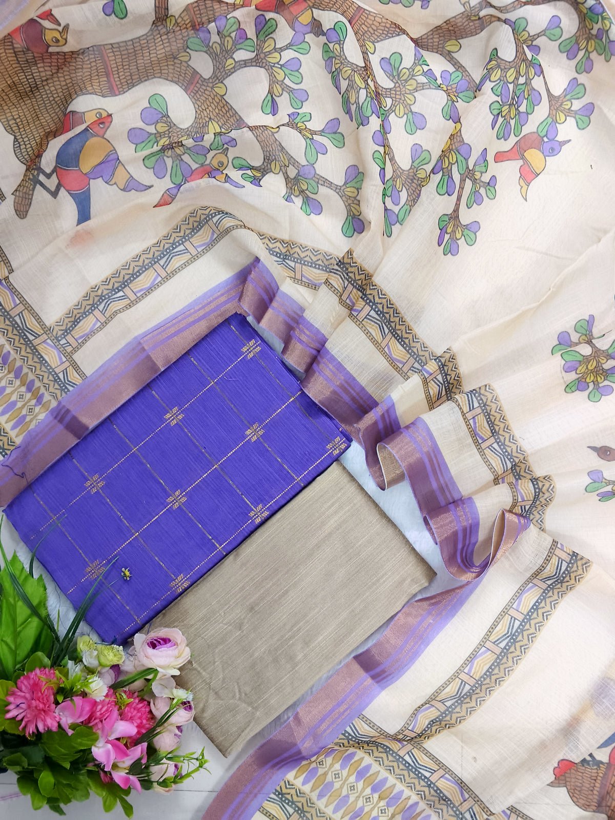 lavendor raw silk top with lenin dupppata 3 piece set
