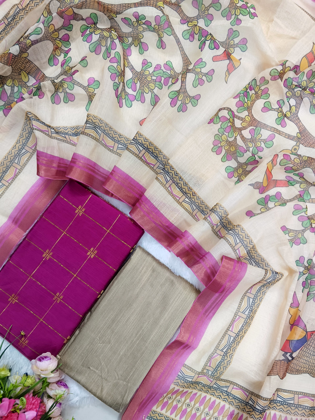 rani pink raw silk top with lenin duppata 3 piece set