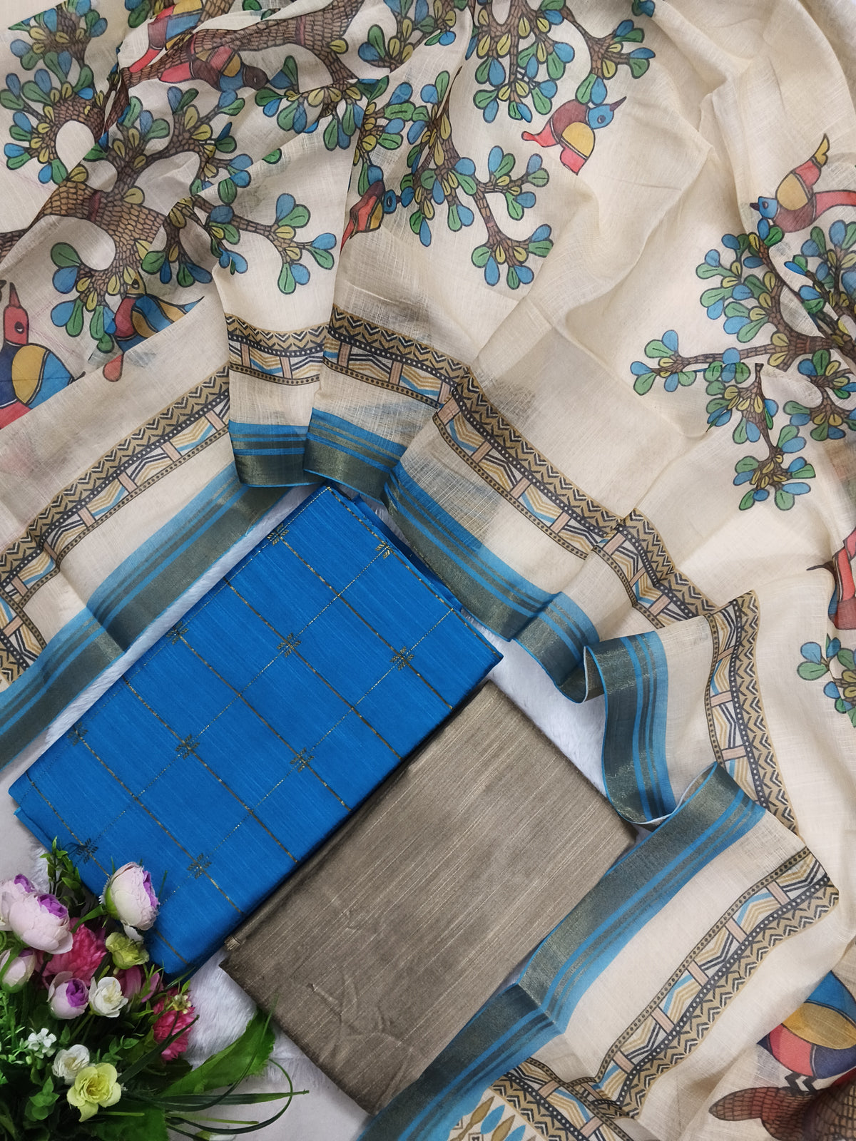 skyblue raw silk top with lenin duppata 3 piece set