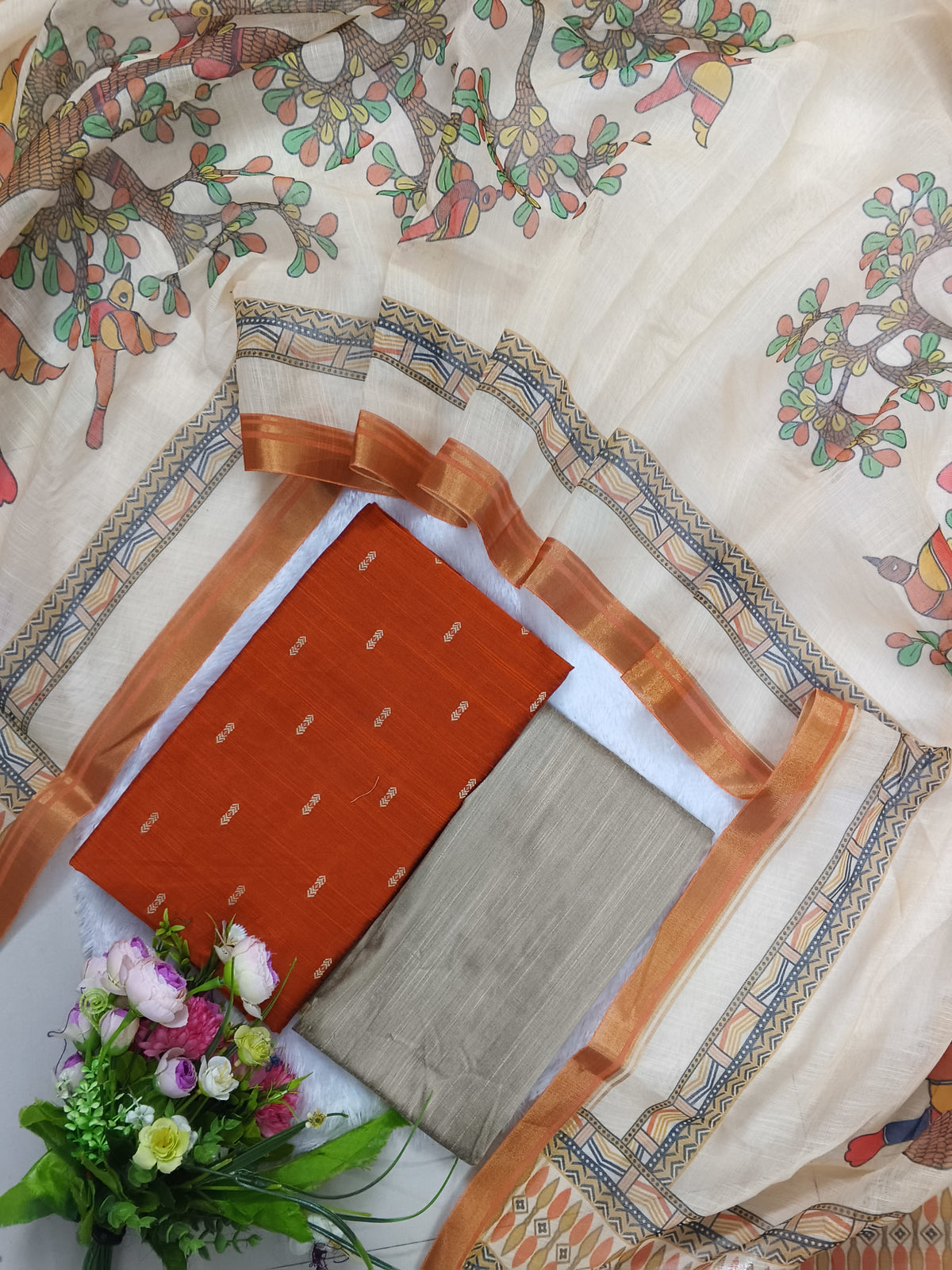orange raw silk top with lenin duppata 3 piece set