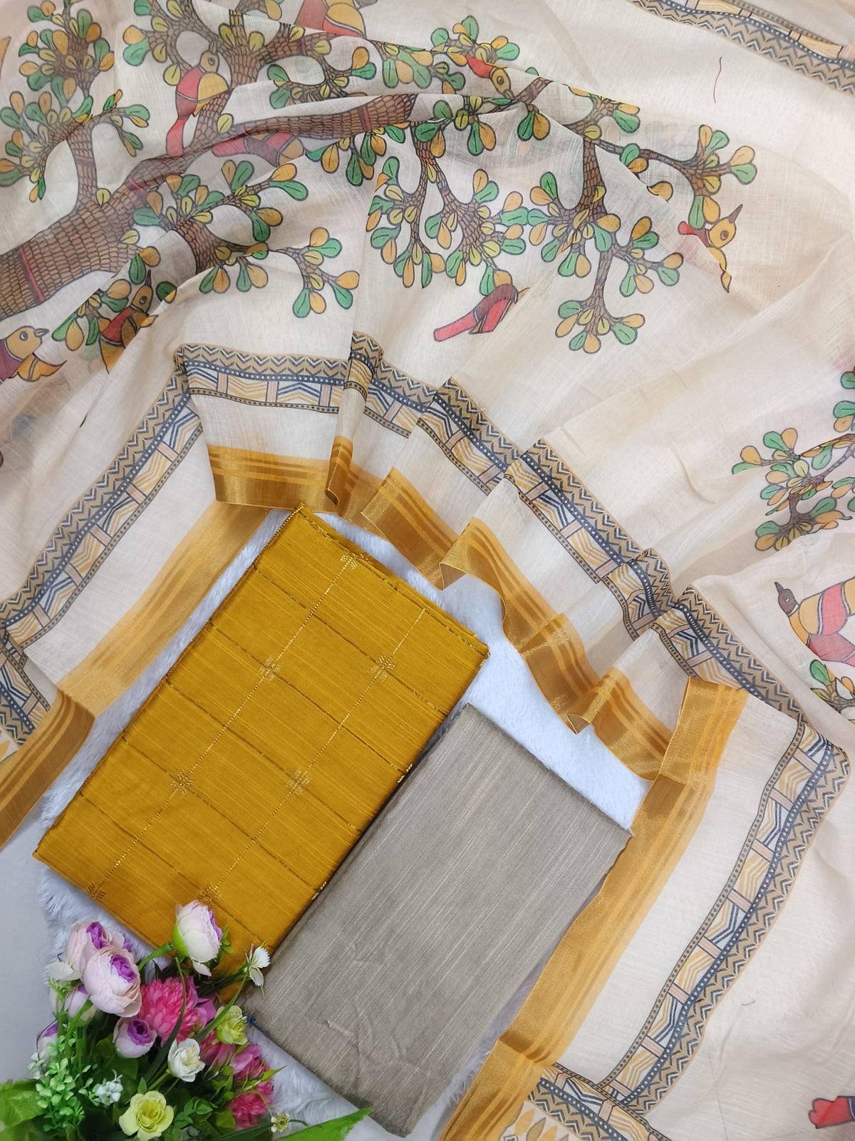 yellow raw silk top with lenin duppata 3 piece set