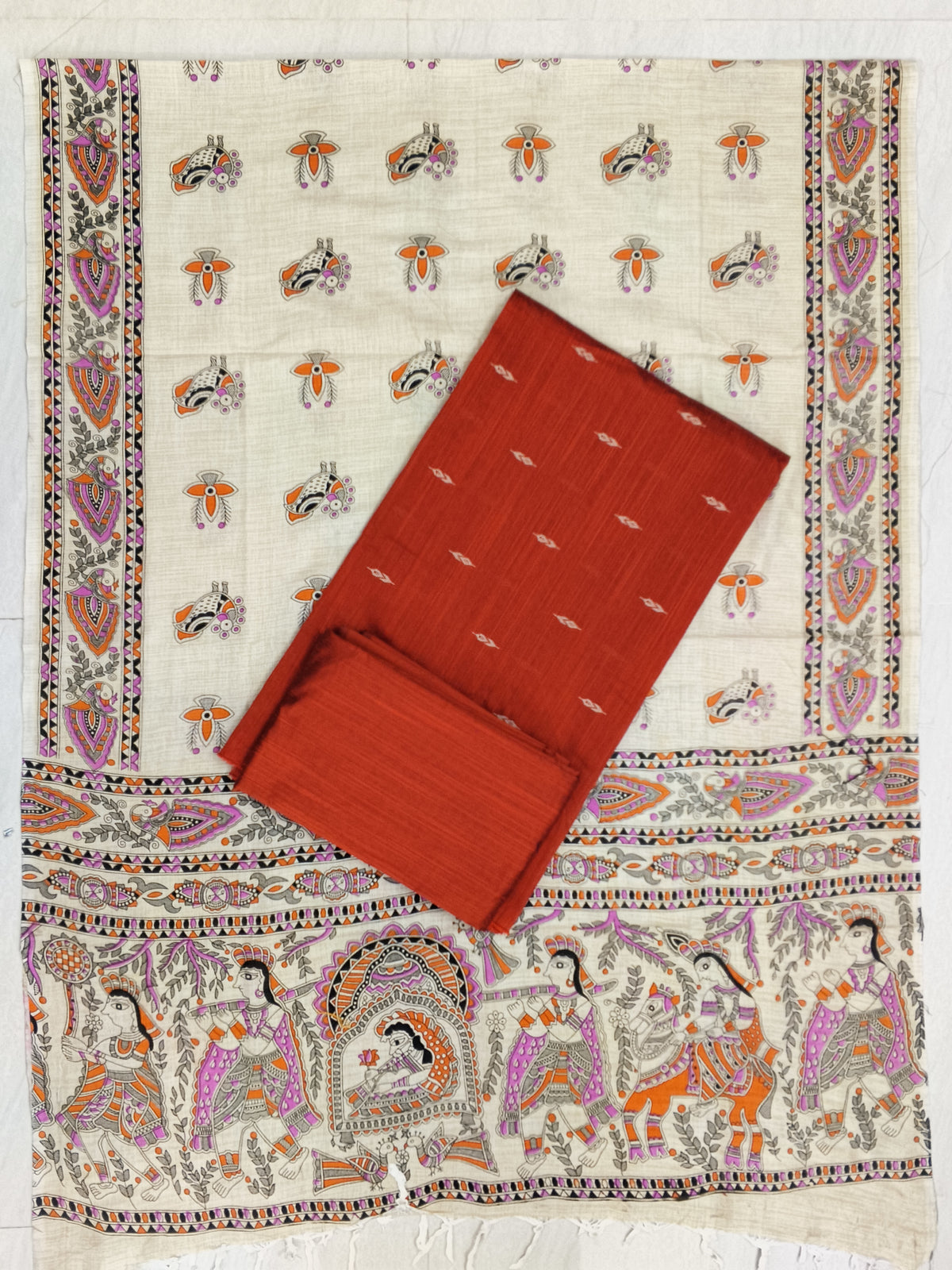 orange raw silk top with madhubani duppata 3 piece set