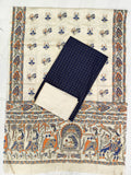 navy blue raw silk top with madhubani duppata 3 piece set