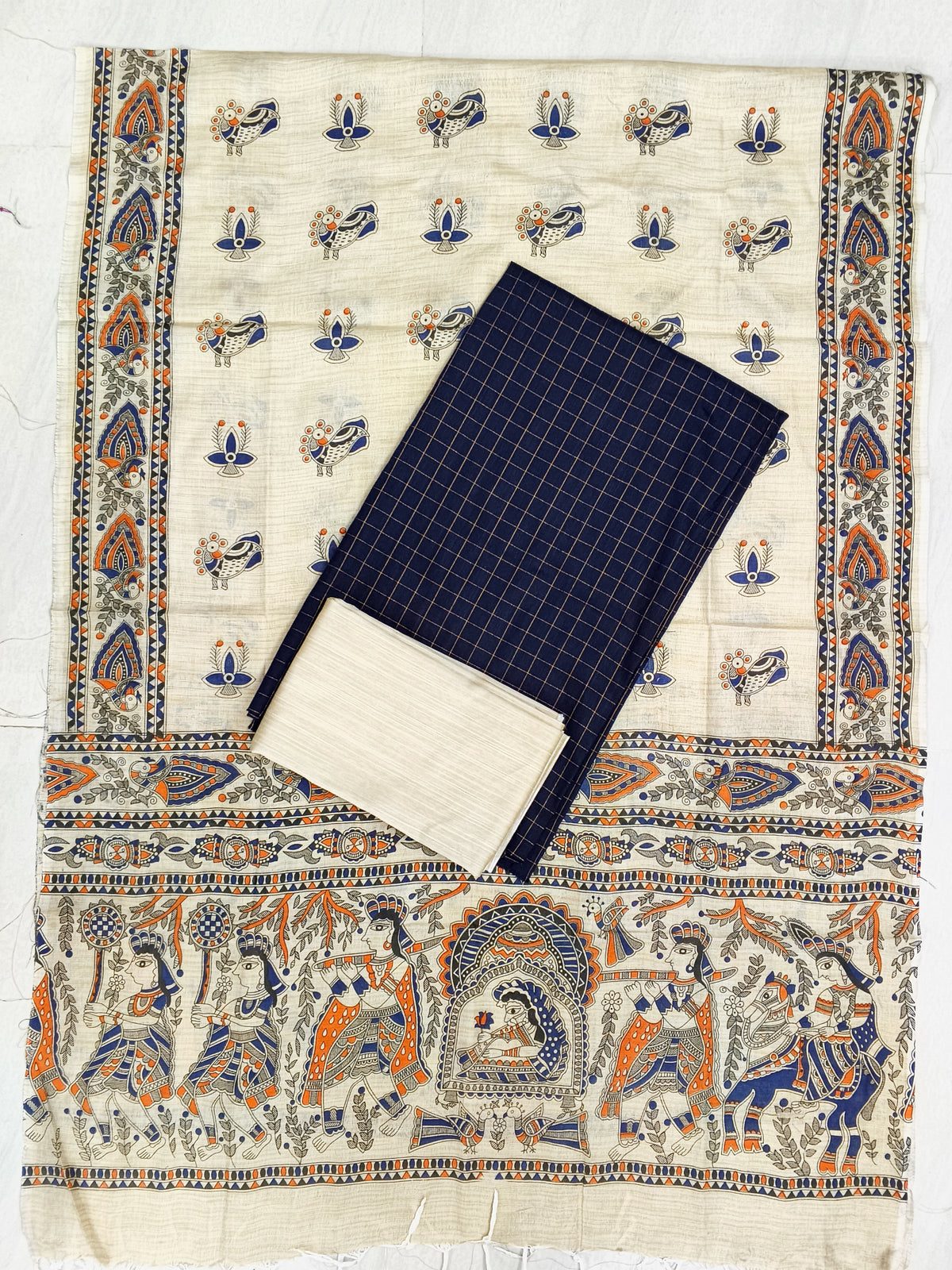 navy blue raw silk top with madhubani duppata 3 piece set