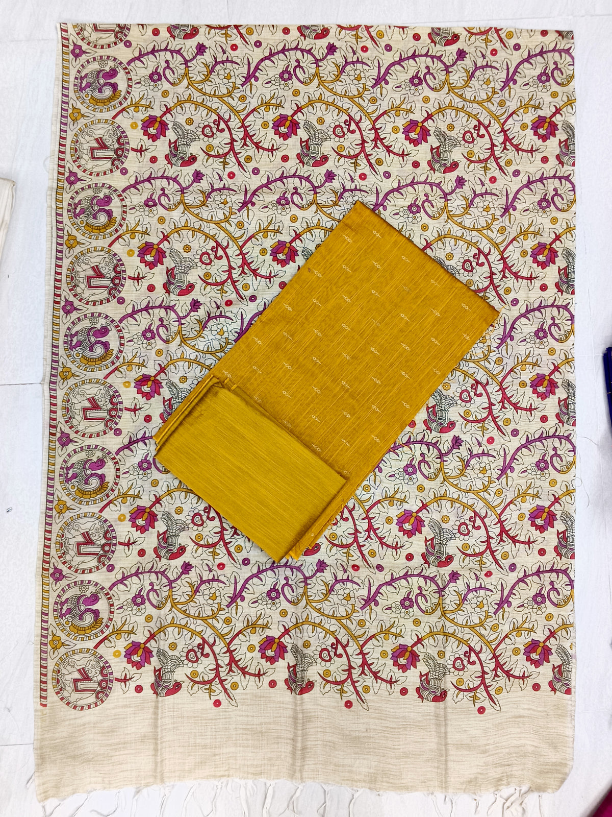 yellow raw silk top with madhubani duppata 3 piece set
