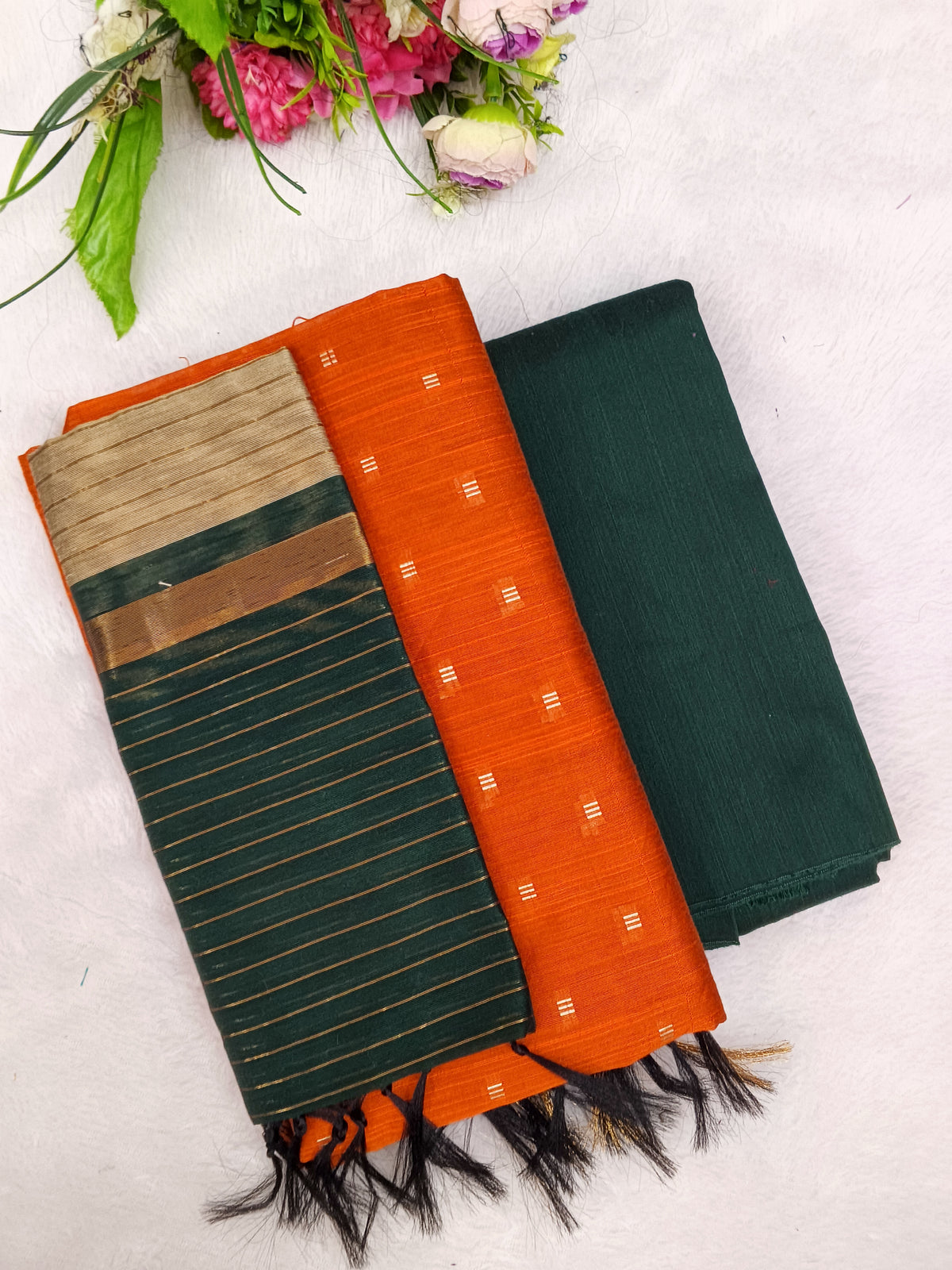 orange with bottle greeen raw silk 3 piece set