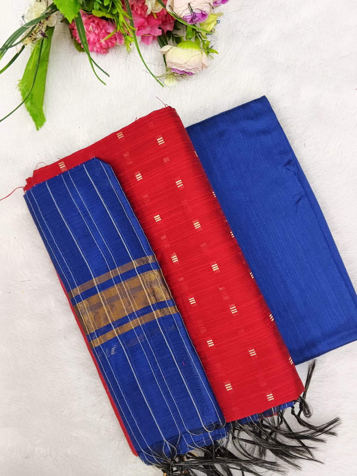 red with blue raw silk 3 piece set