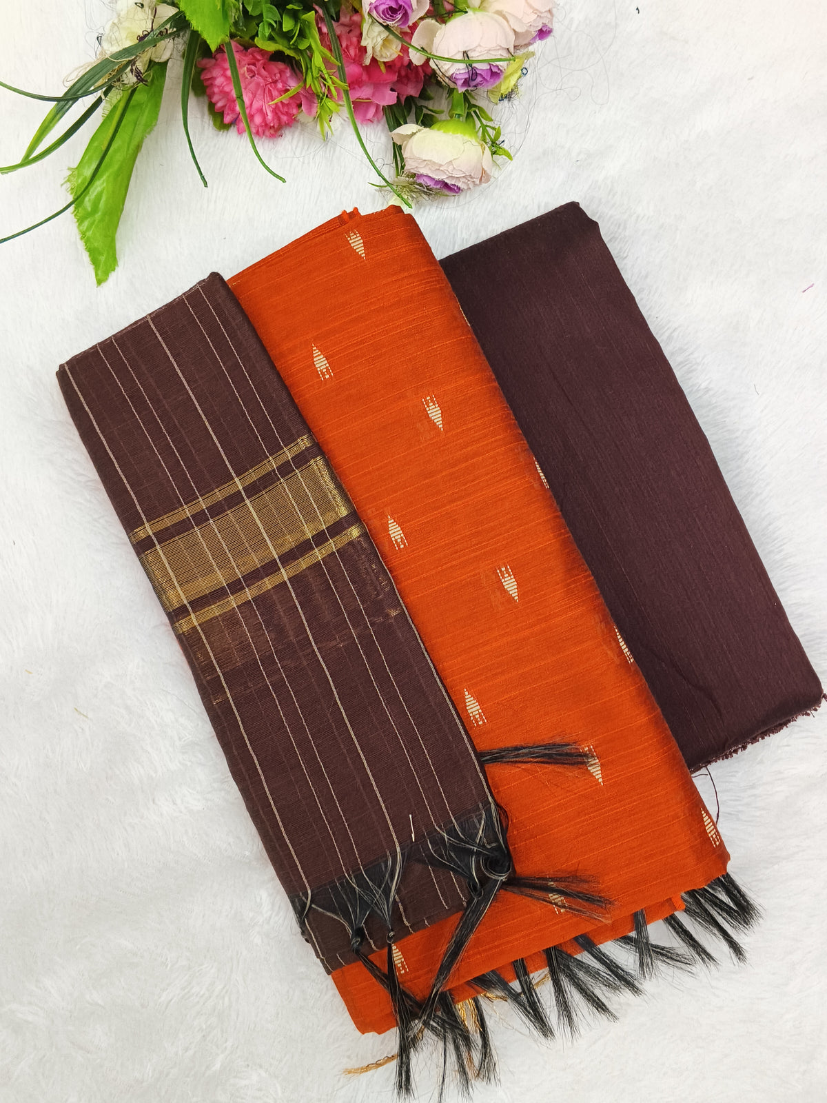 orange with brown raw silk 3 piece set