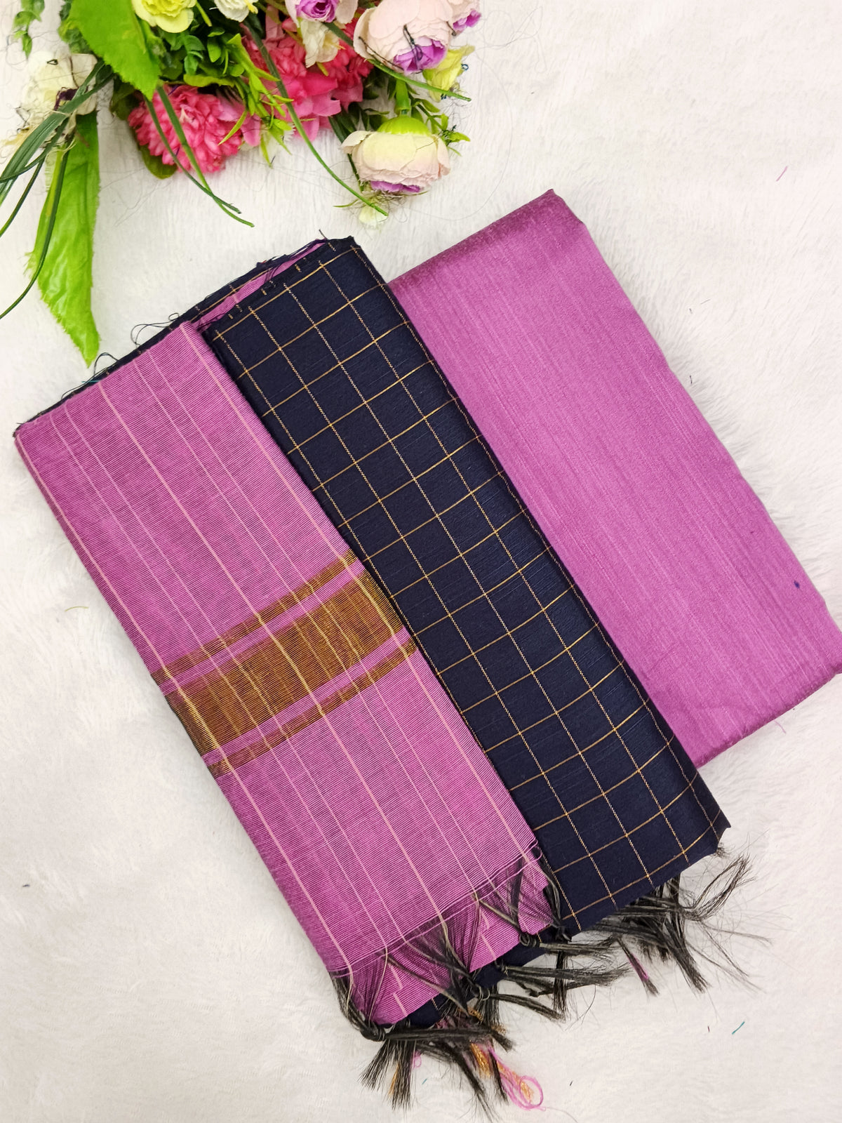 navy blue with pink raw silk 3 piece set