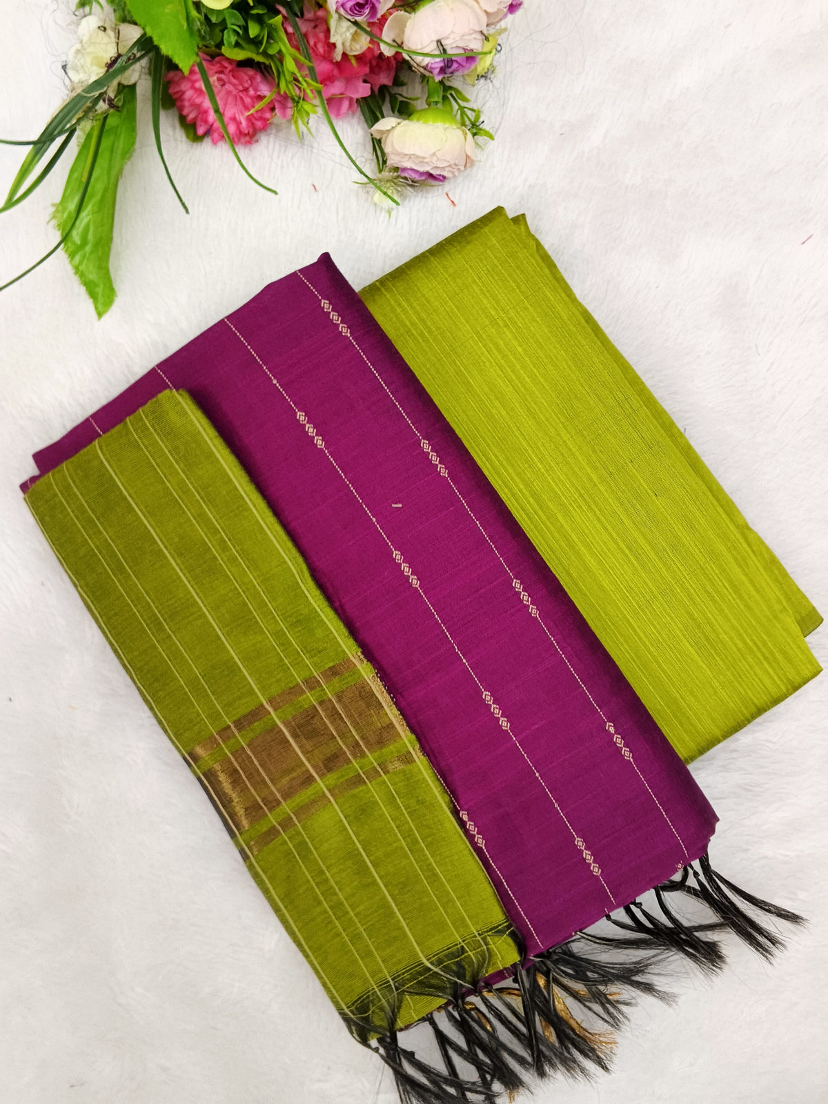 rose with olive green raw silk 3 piece set
