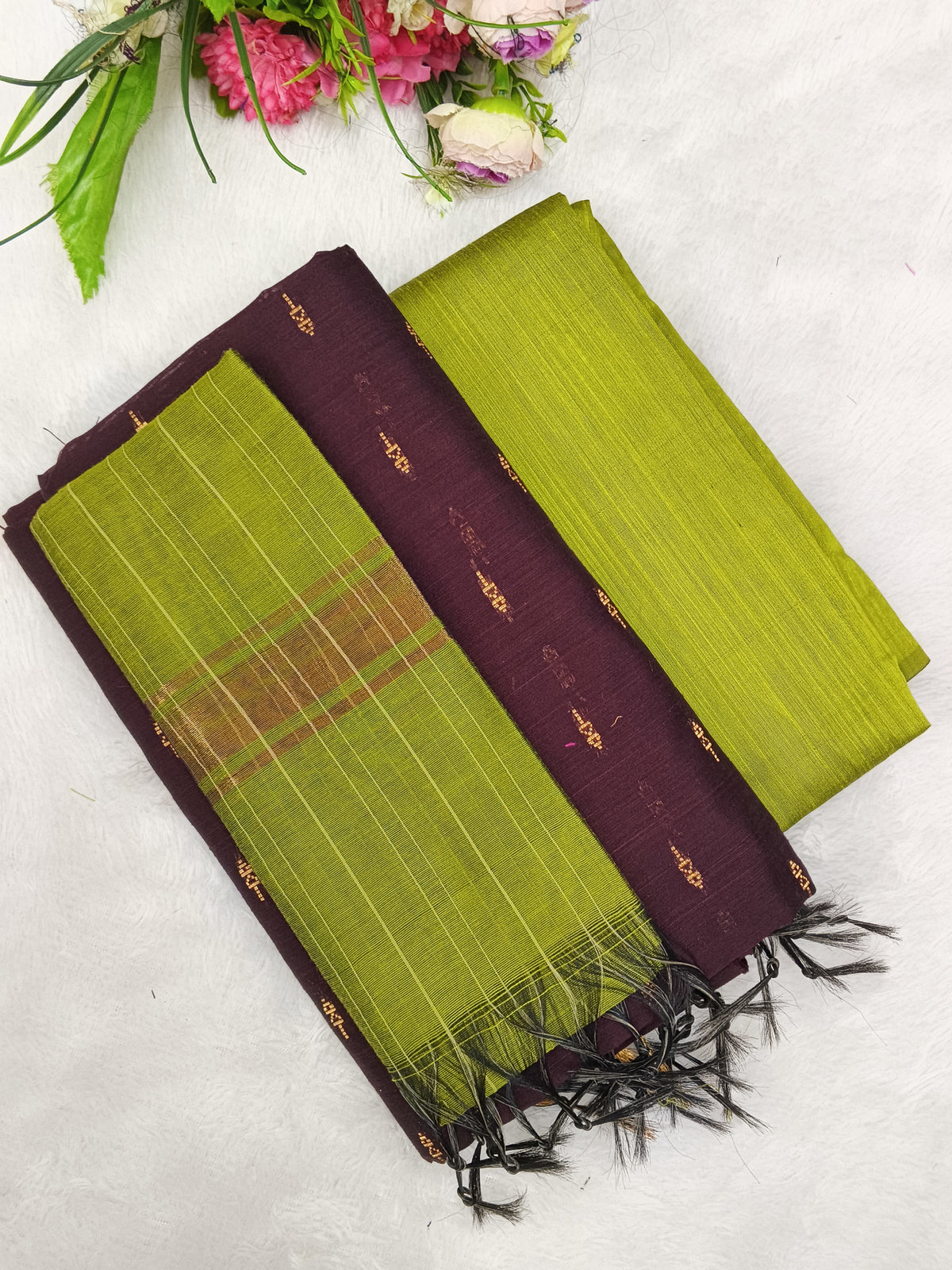 brown with olive green raw silk 3 piece set