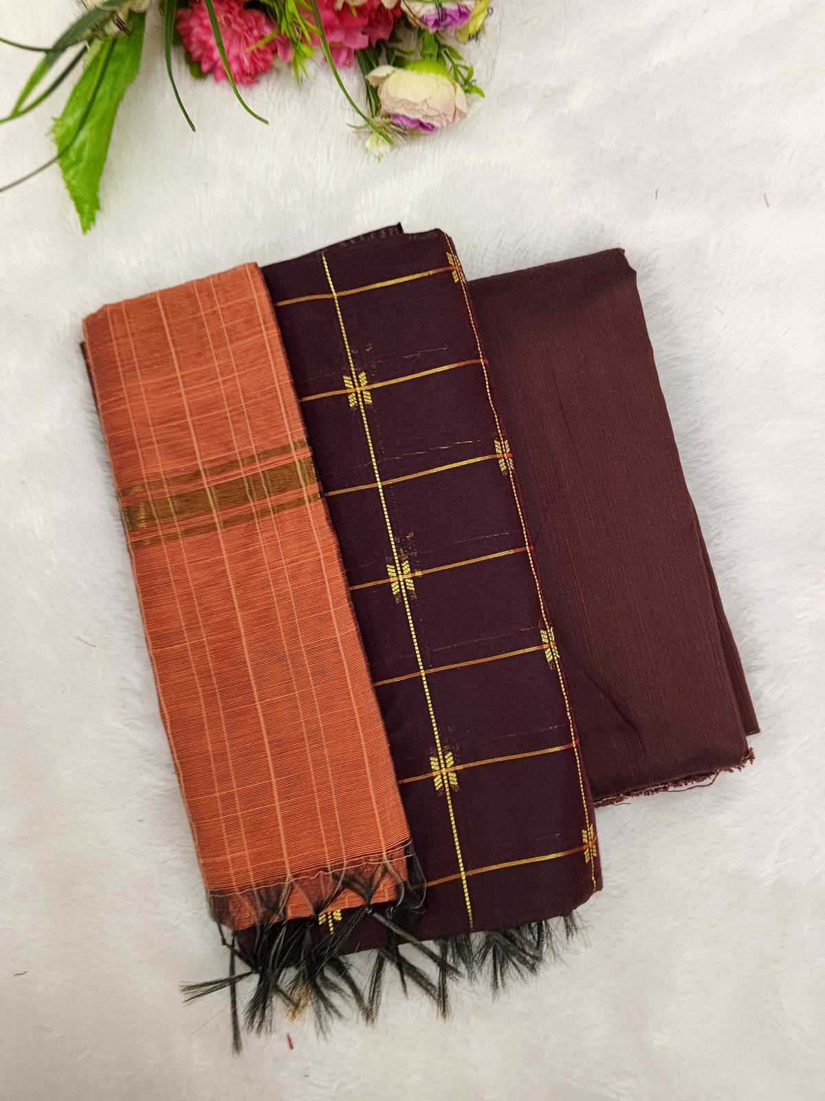 dark brown with peech raw silk 3 piece set