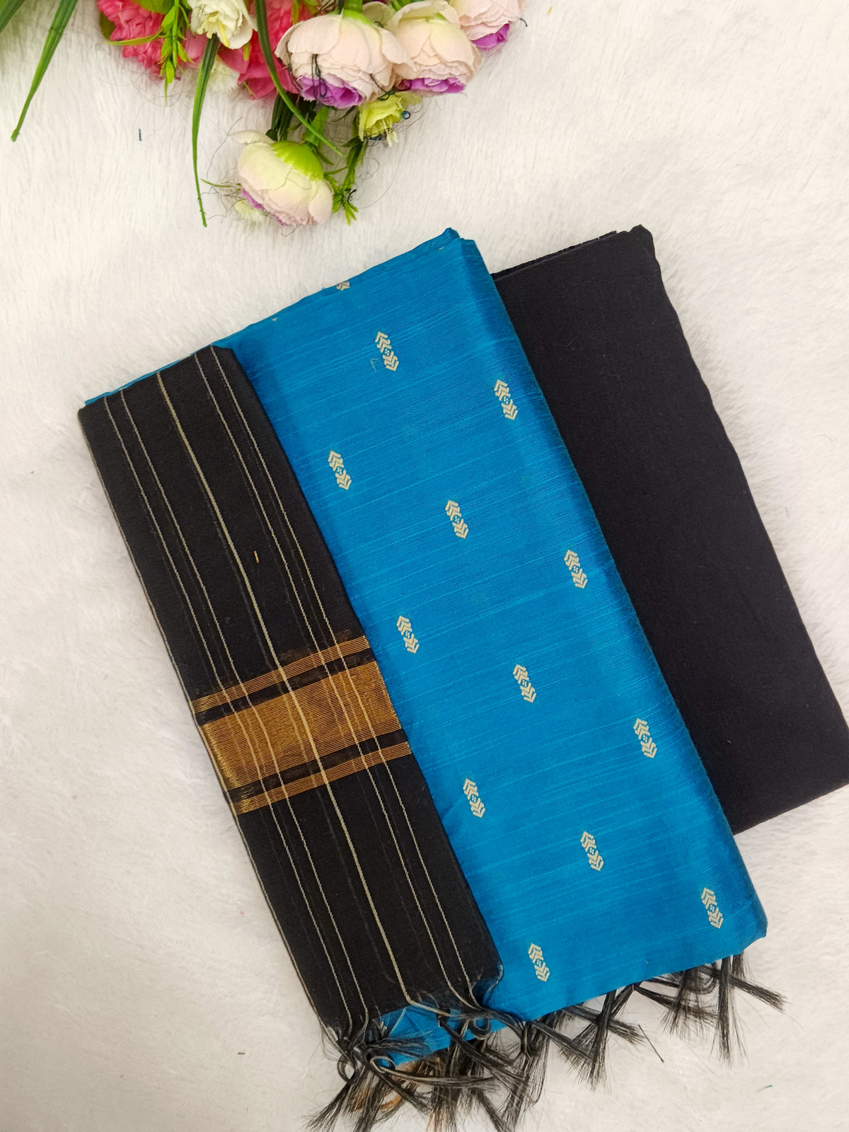 skyblue with black raw silk 3 piece set
