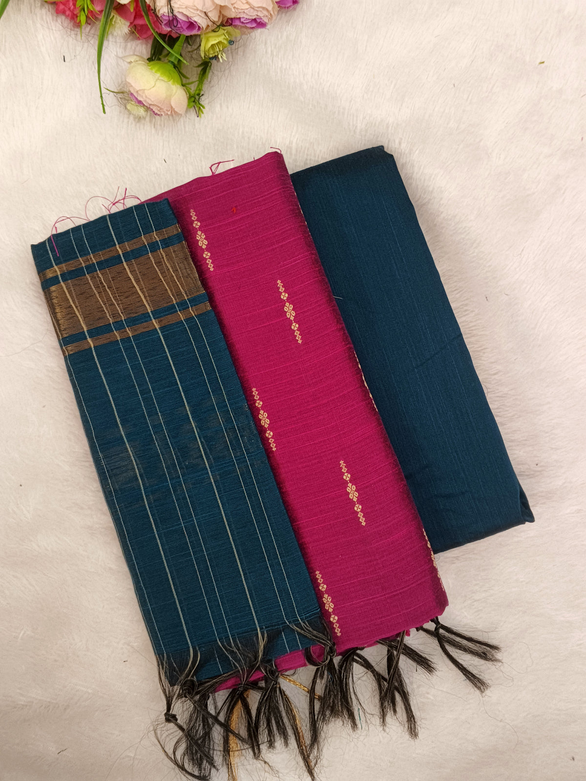 pink with mayil greeen raw silk 3 piece set