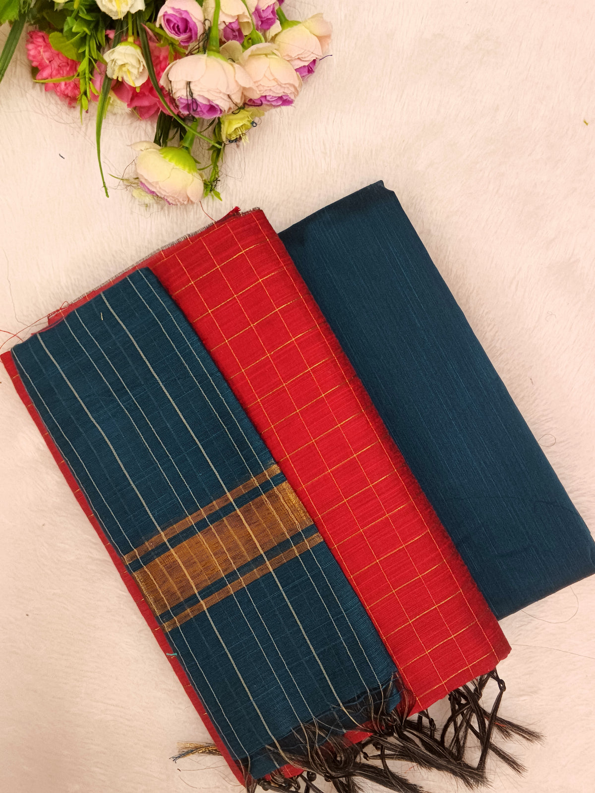 red with mayil green raw silk 3 piece set