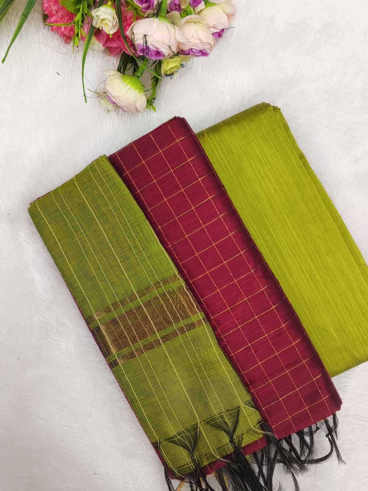 red with olive green raw silk 3 piece set