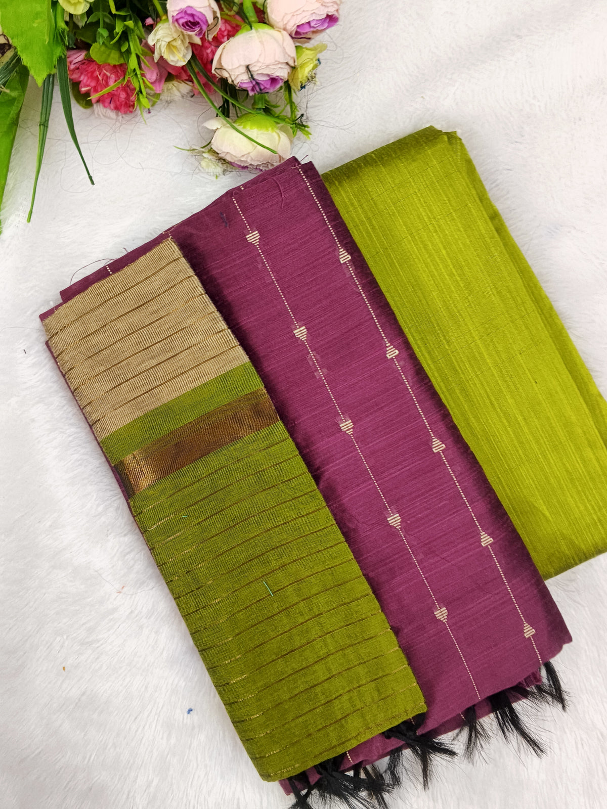 pink with olive green raw silk 3 piece set