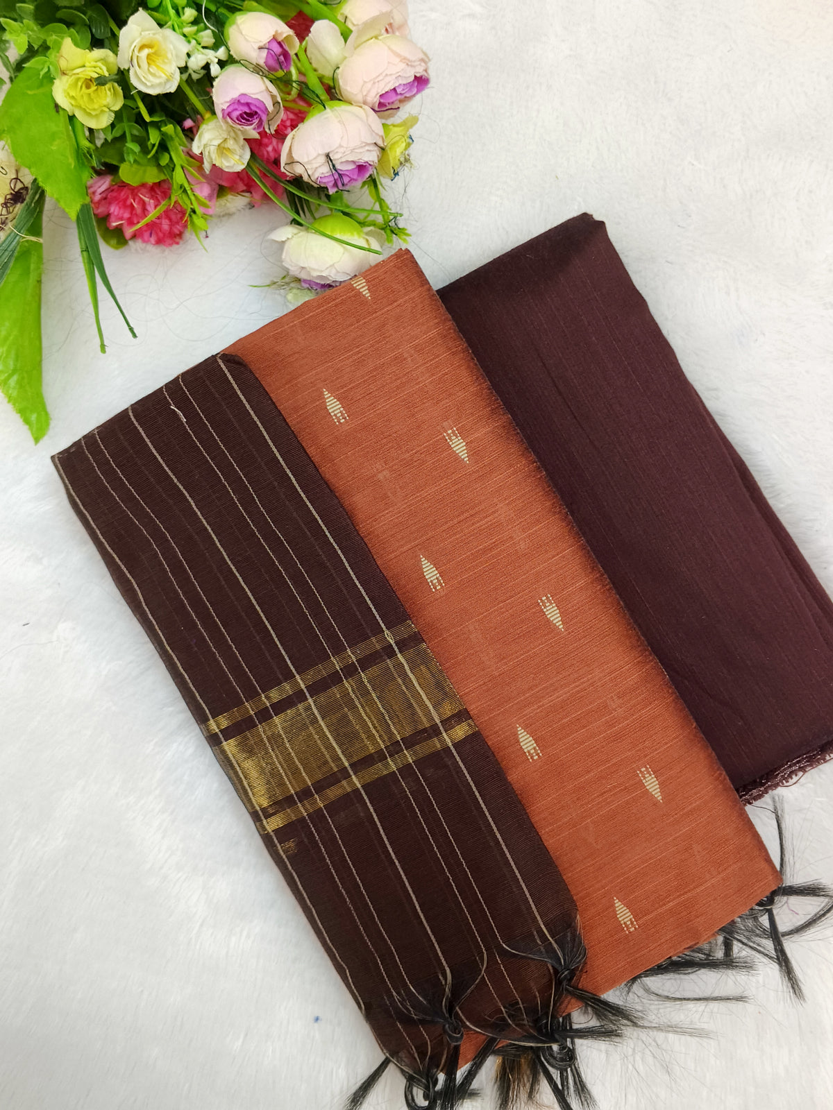 peech with brown raw silk 3 piece set