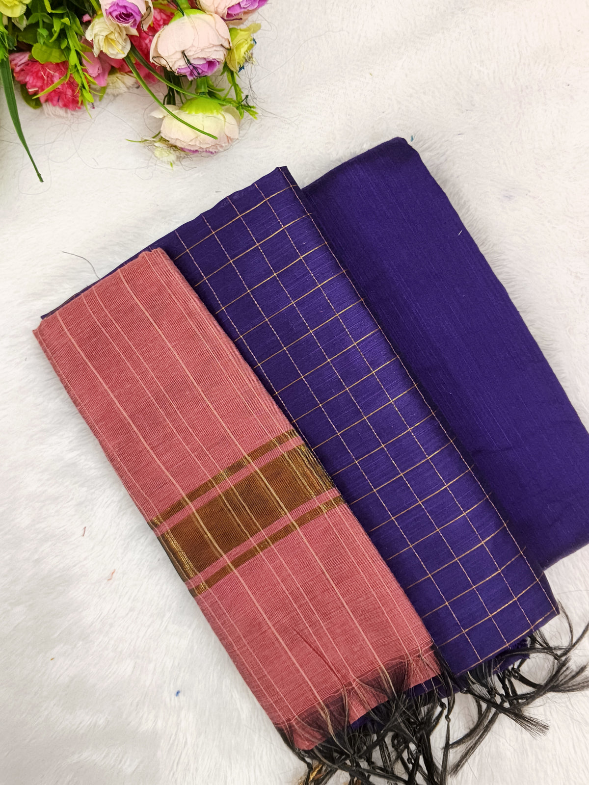 violet with peech raw silk 3 piece set