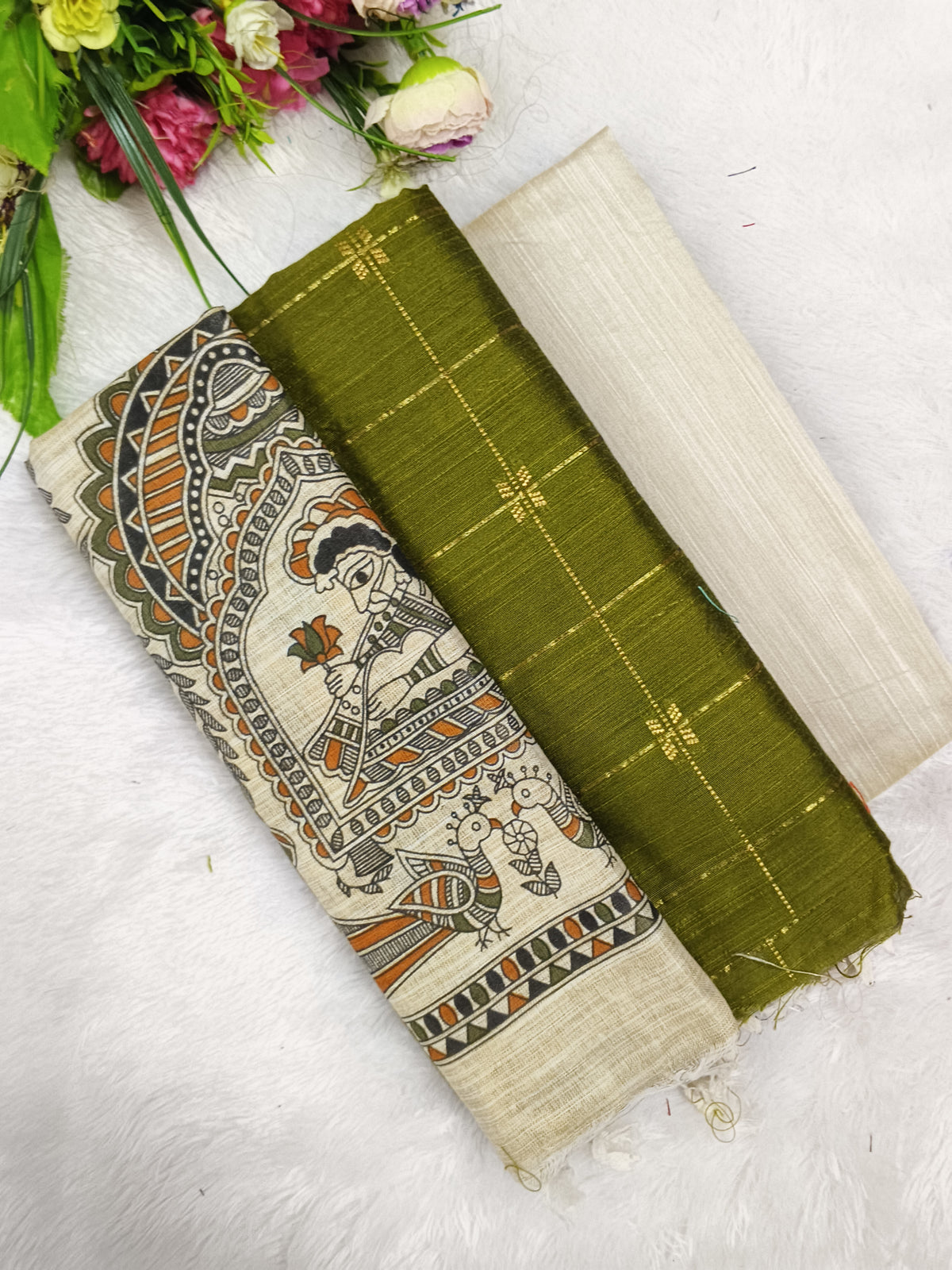 olive raw silk top with madhubani 3 piece set