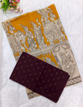 Mustard Yellow Kalamkari Dupatta with Wine Maroon Raw Silk Top