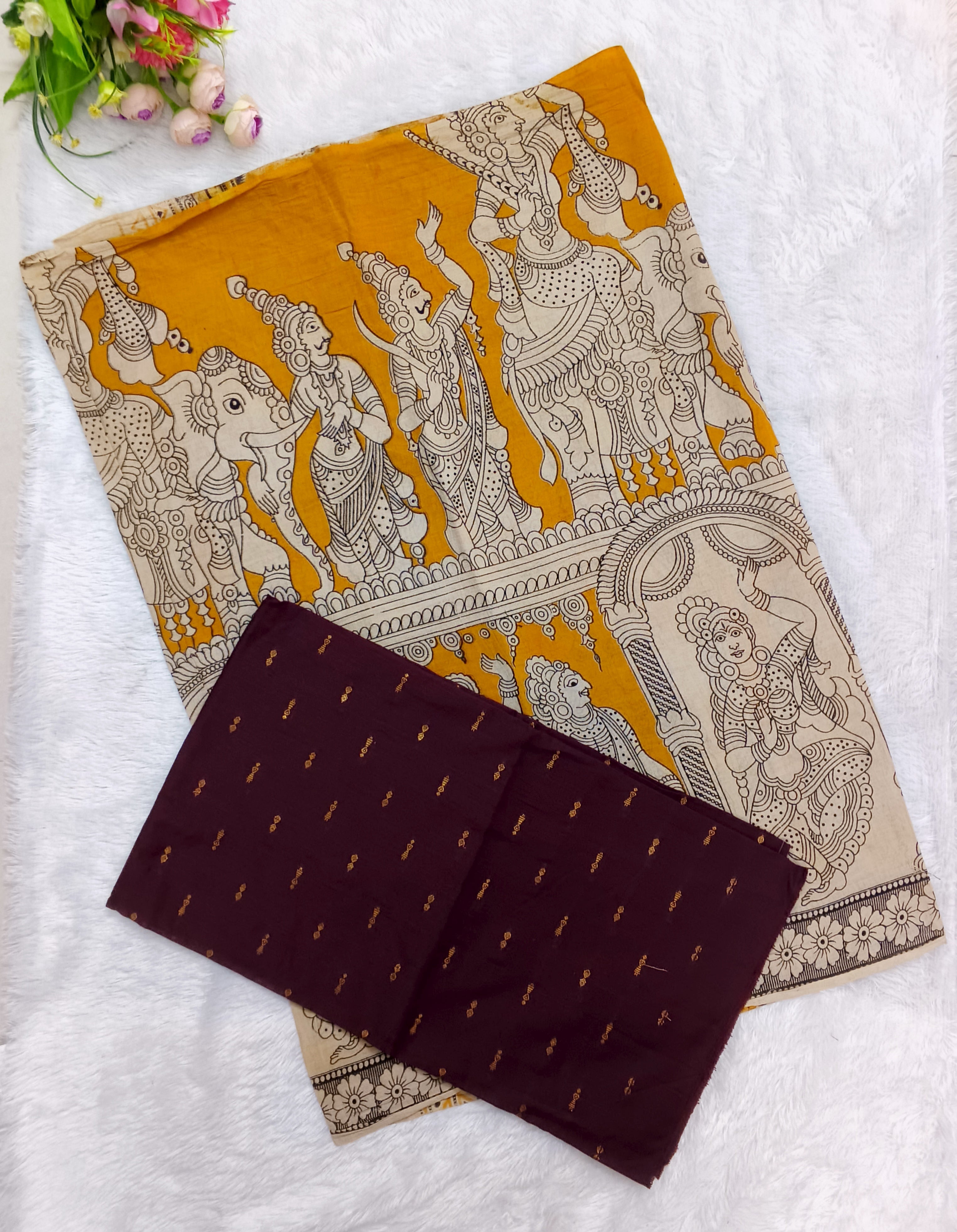 Mustard Yellow Kalamkari Dupatta with Wine Maroon Raw Silk Top