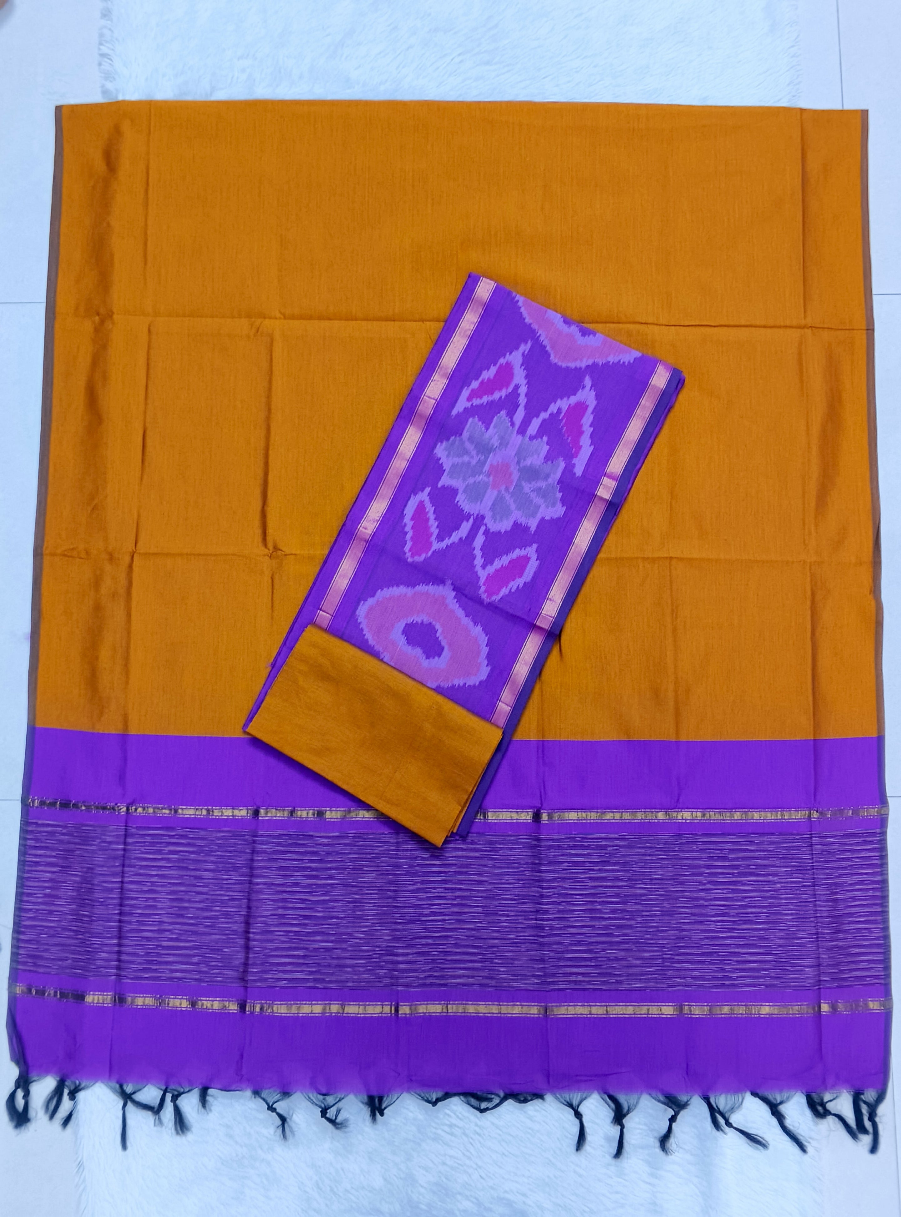 Gold & Purple Pochampally SiCo Silk – 3-Piece Set