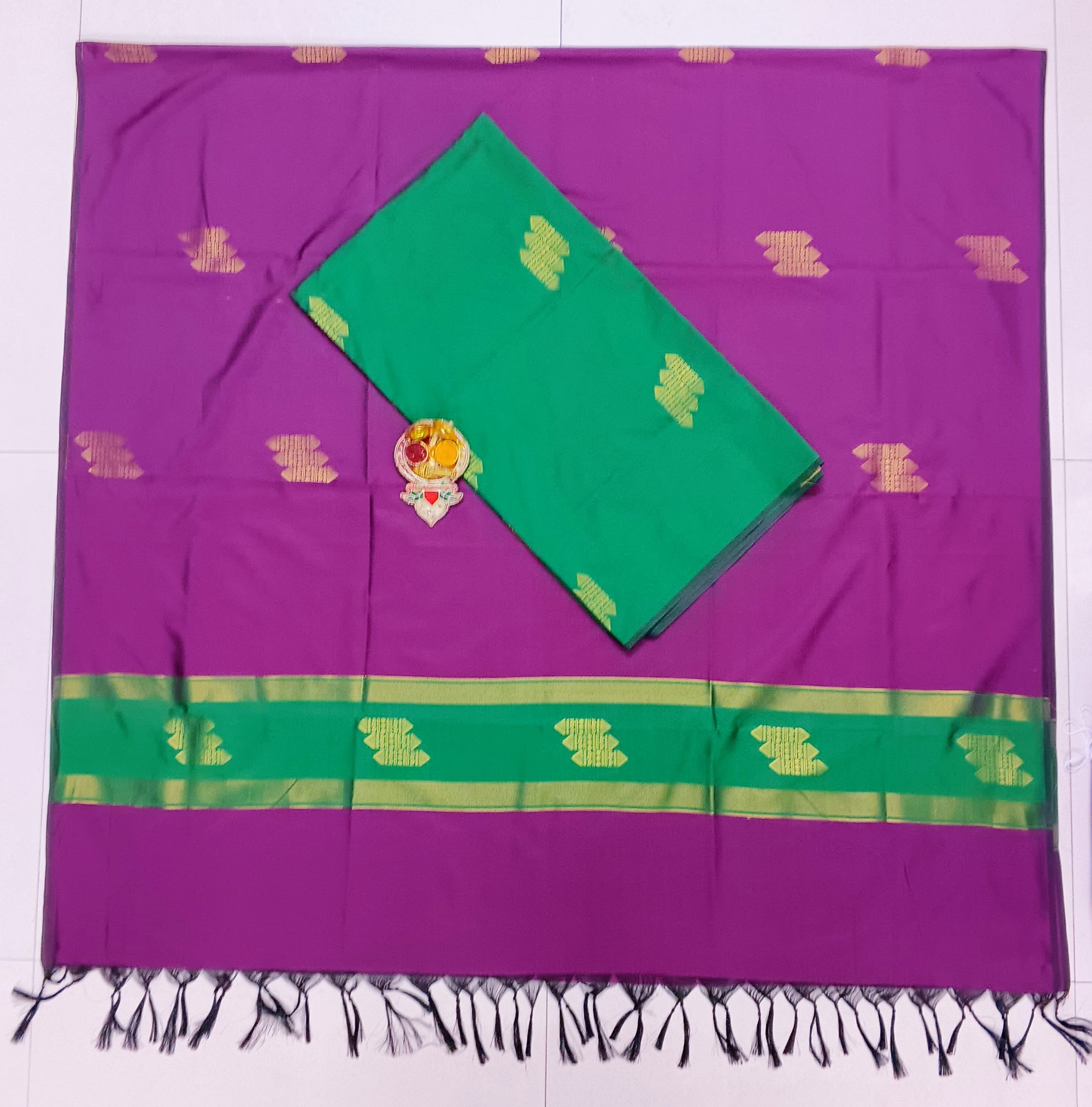 emerald green with rich purple colour soft silk 2 piece set