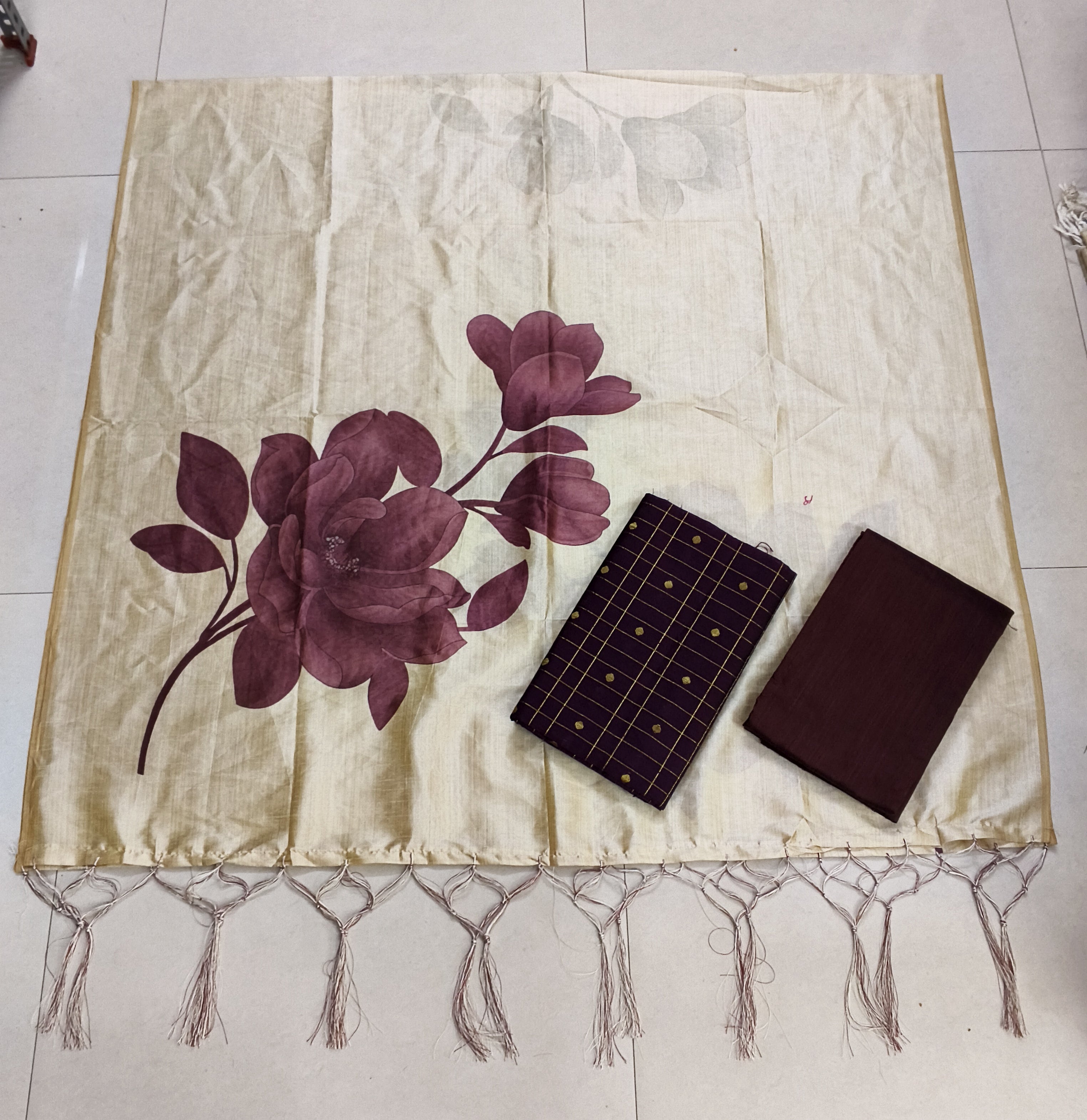 dark purple big floral motiv assam silk duppata with raw silk