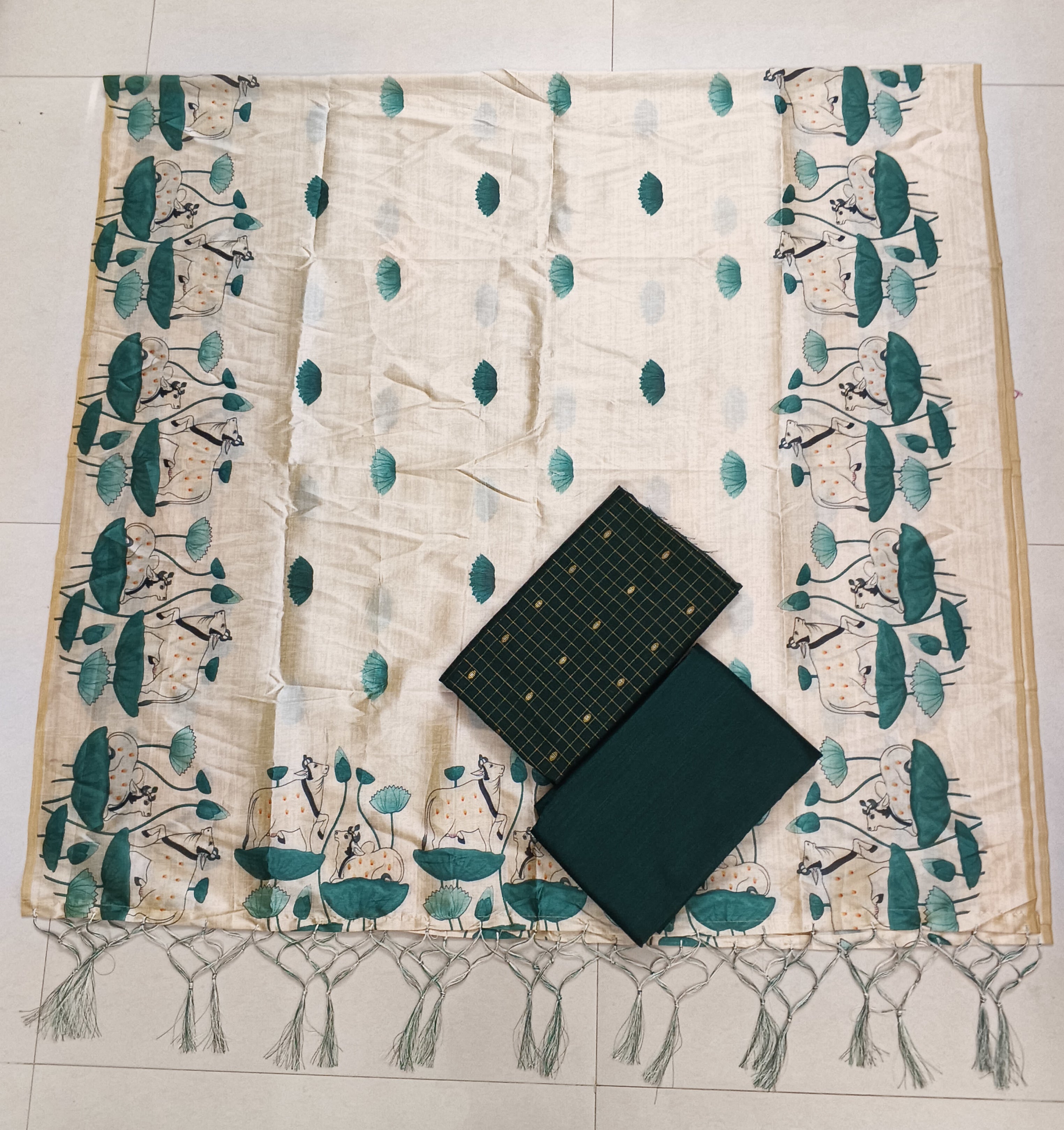 bottle green pichwai motiv assam silk duppata with raw silk top 3 piece set