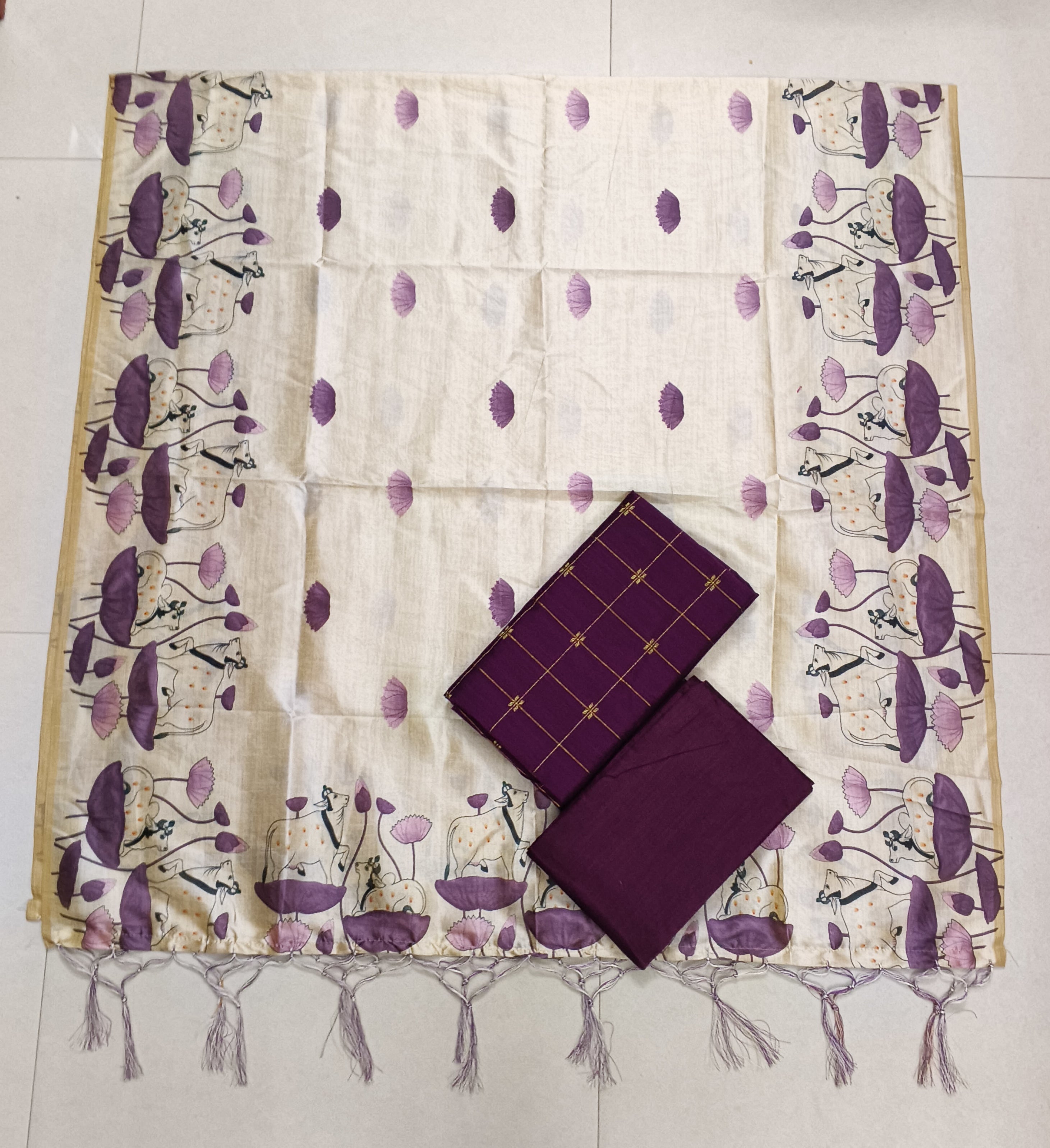 dark purple pichwai motiv assam silk duppata with raw silk top 3 piece set