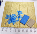 teel blue big floral assam silk duppata with raw silk top 3 piece set
