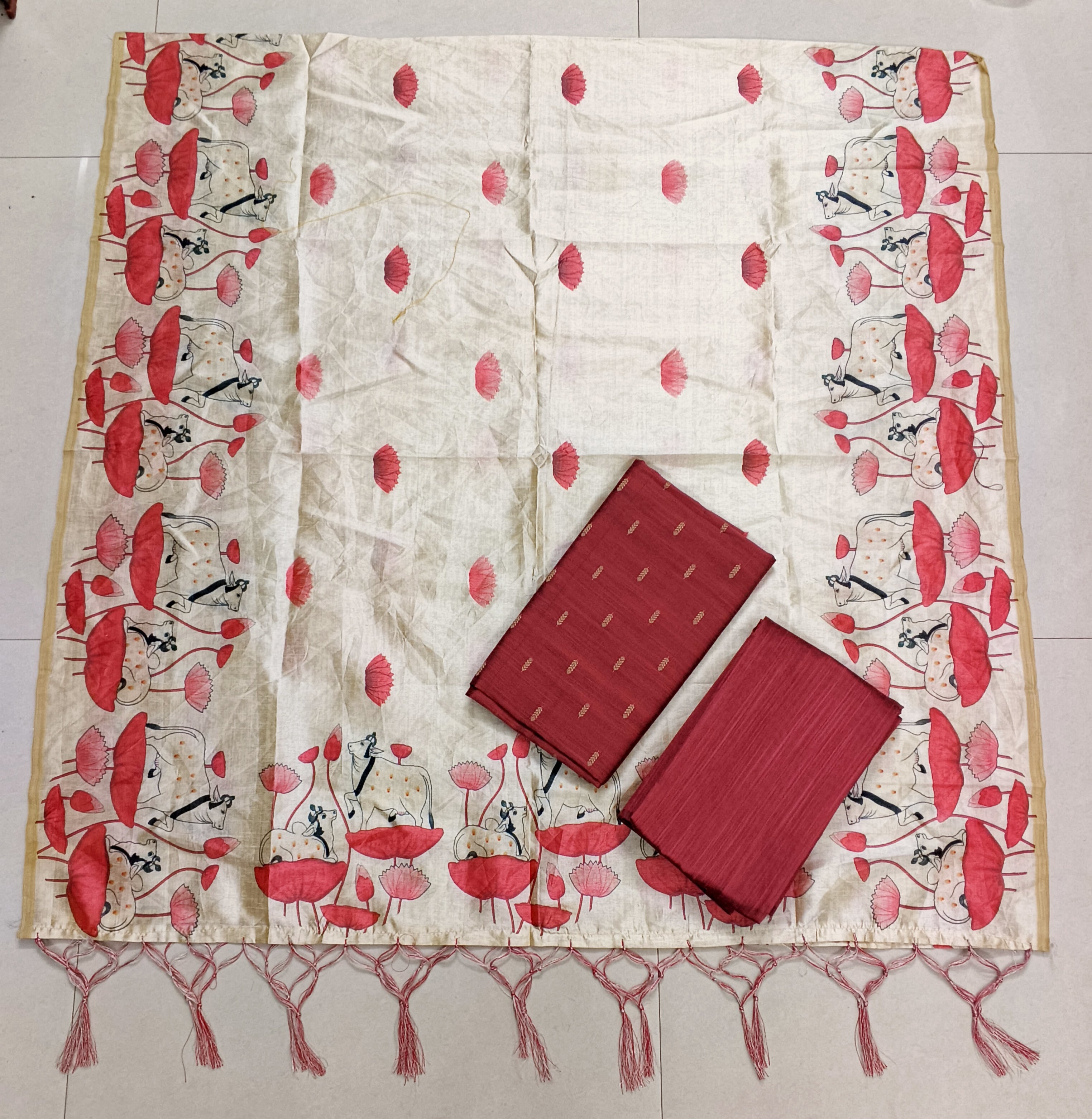 peech colour pichwai motiv assam silk duppata with raw silk top 3 piece set