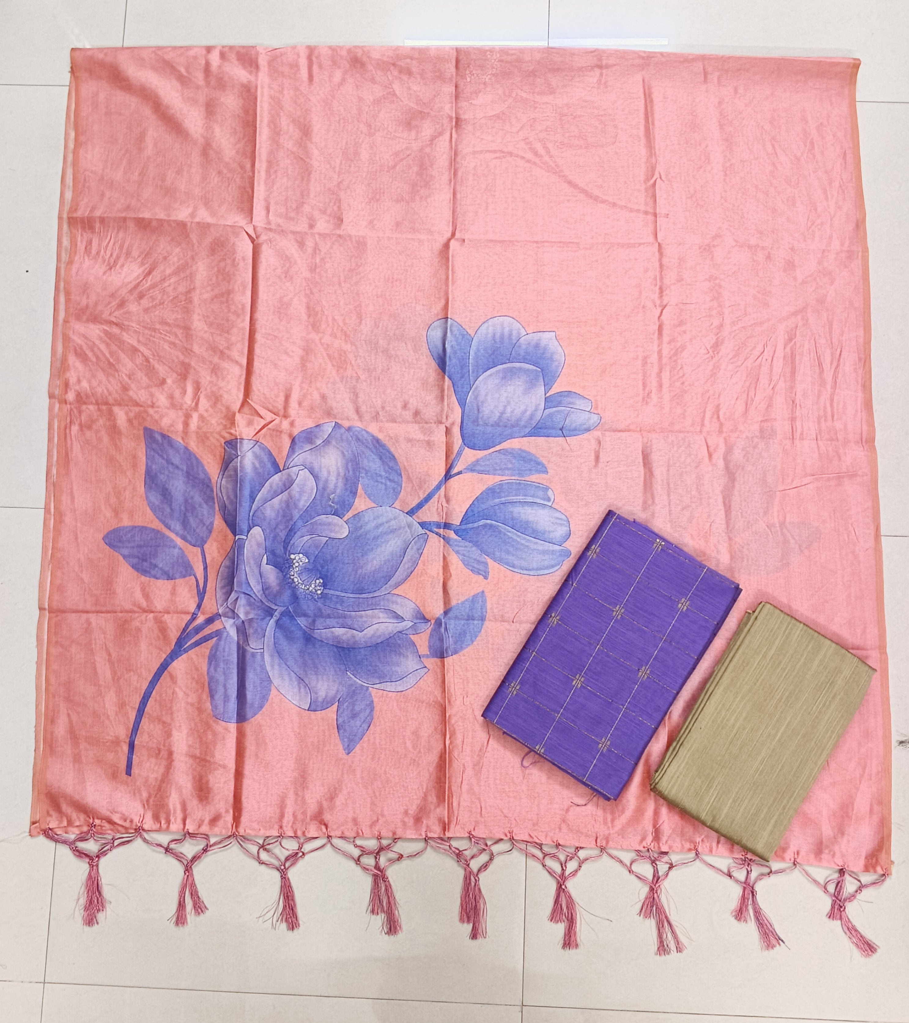 onion pink big flower motiv assam silk duppata with purple raw silk top 3 piece set