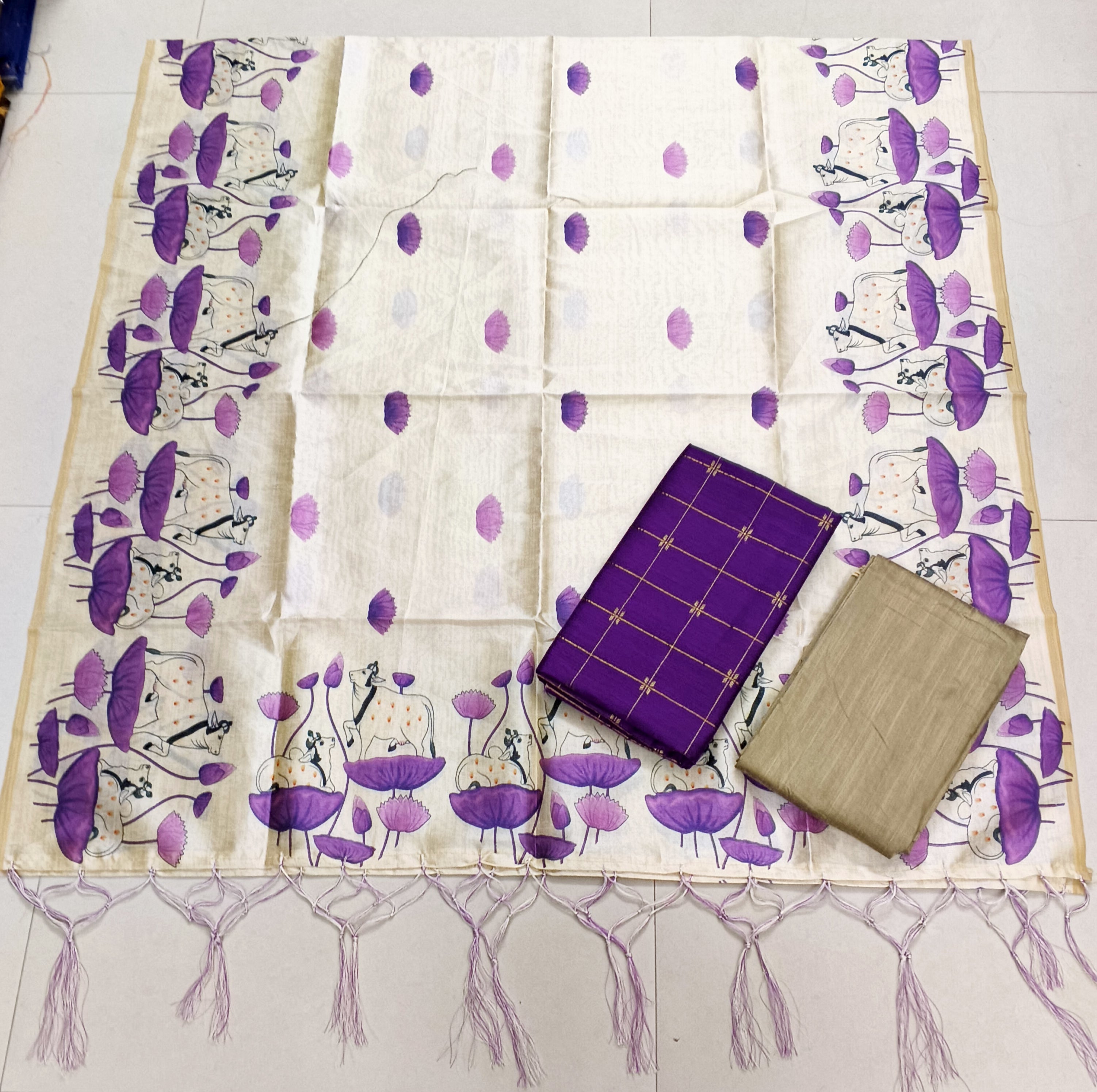 lavendor pichwai motive assam silk duppata with raw silk top 3 piece set