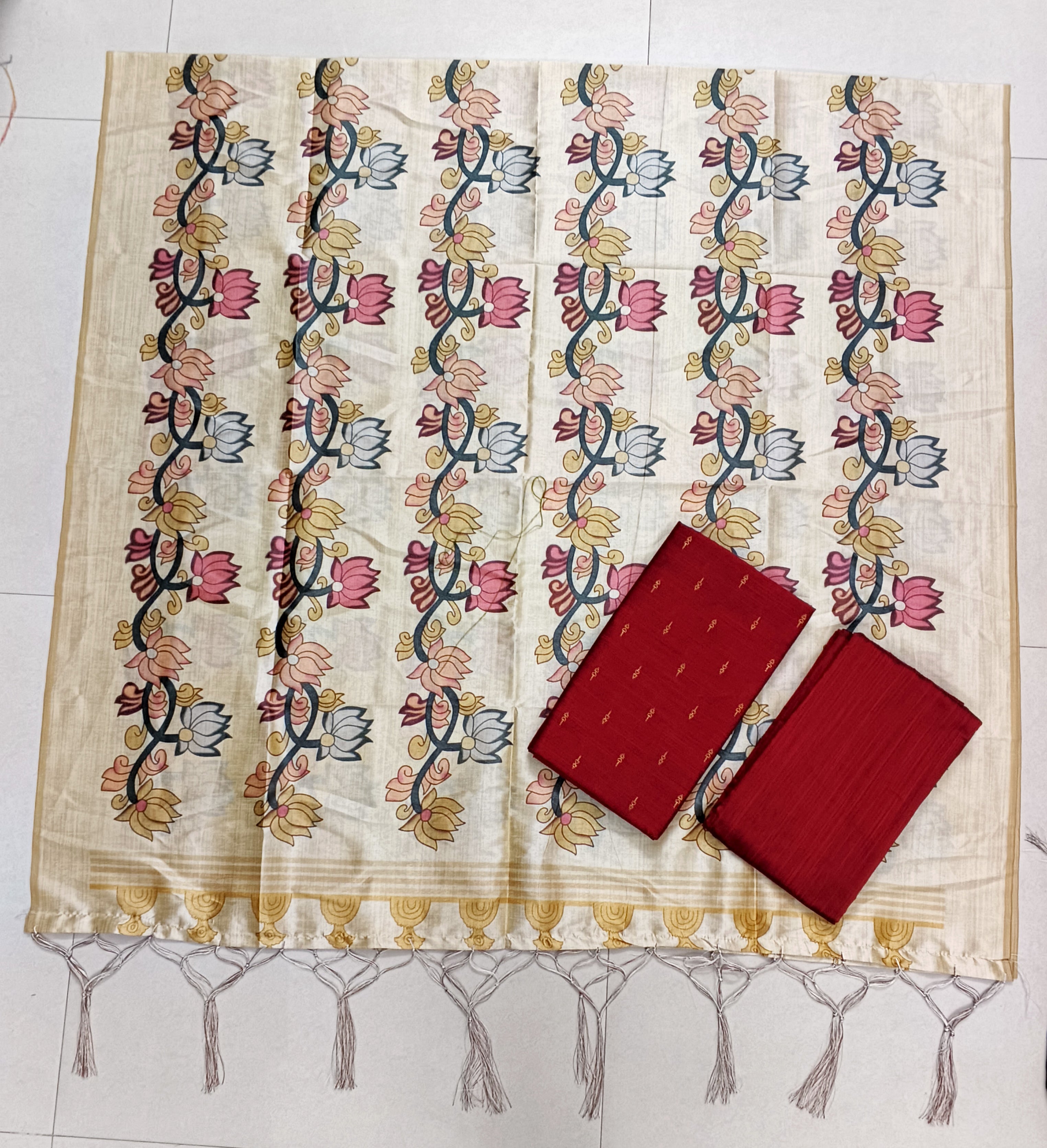 red pichwai motiv assam silk duppata with raw silk 3 piece set
