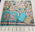 teel blue annam motiv assam silk duppata with raw silk 3 piece set