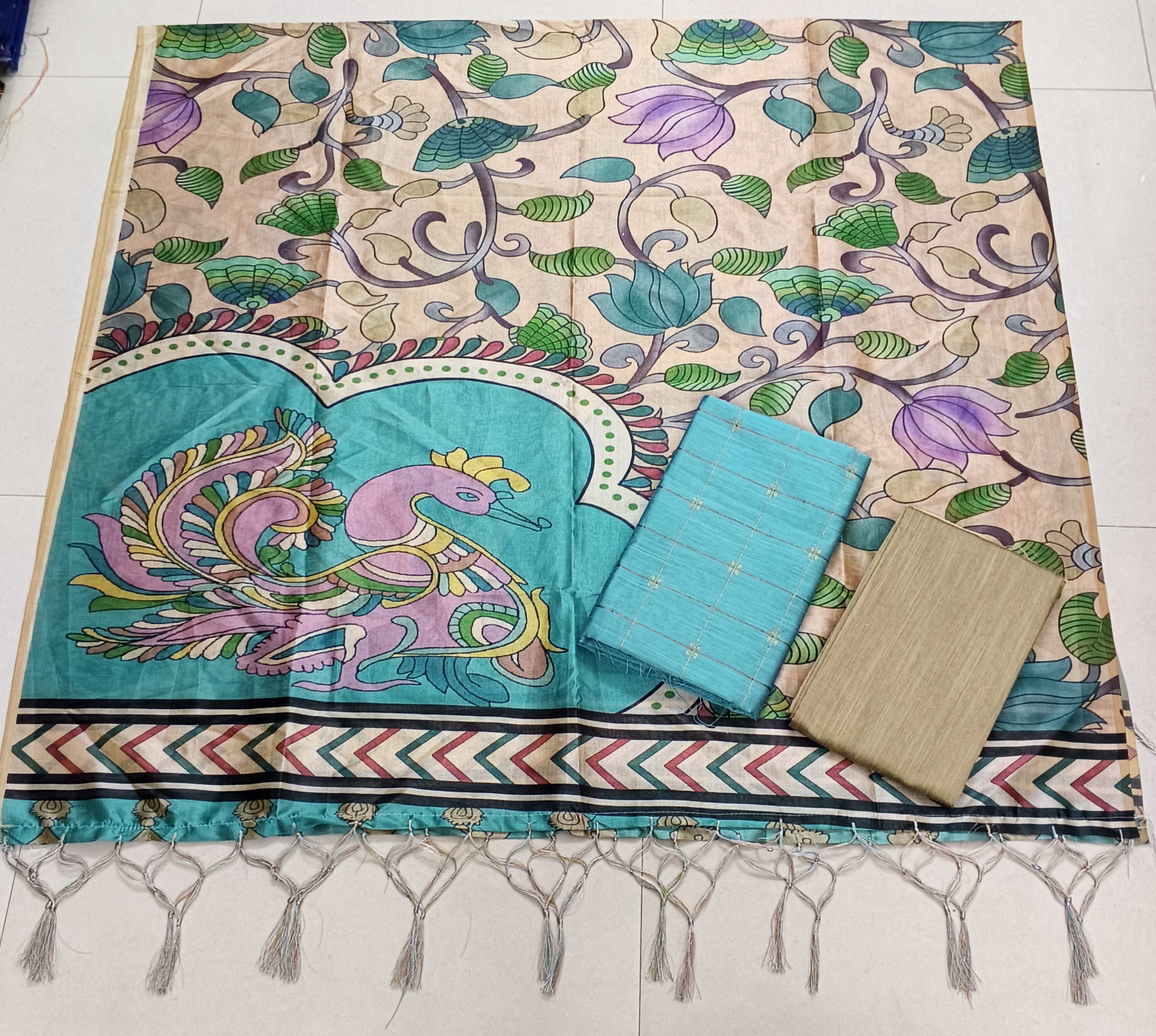 teel blue annam motiv assam silk duppata with raw silk 3 piece set