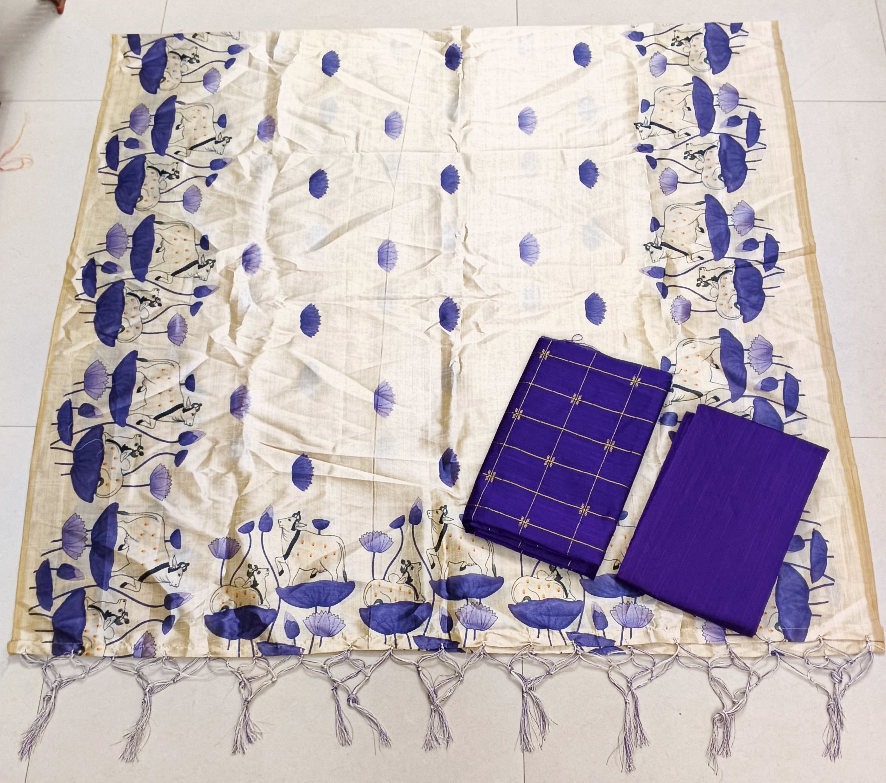 purple assam silk pichwai motiv duppata with raw silk top and bottom 3 piece set