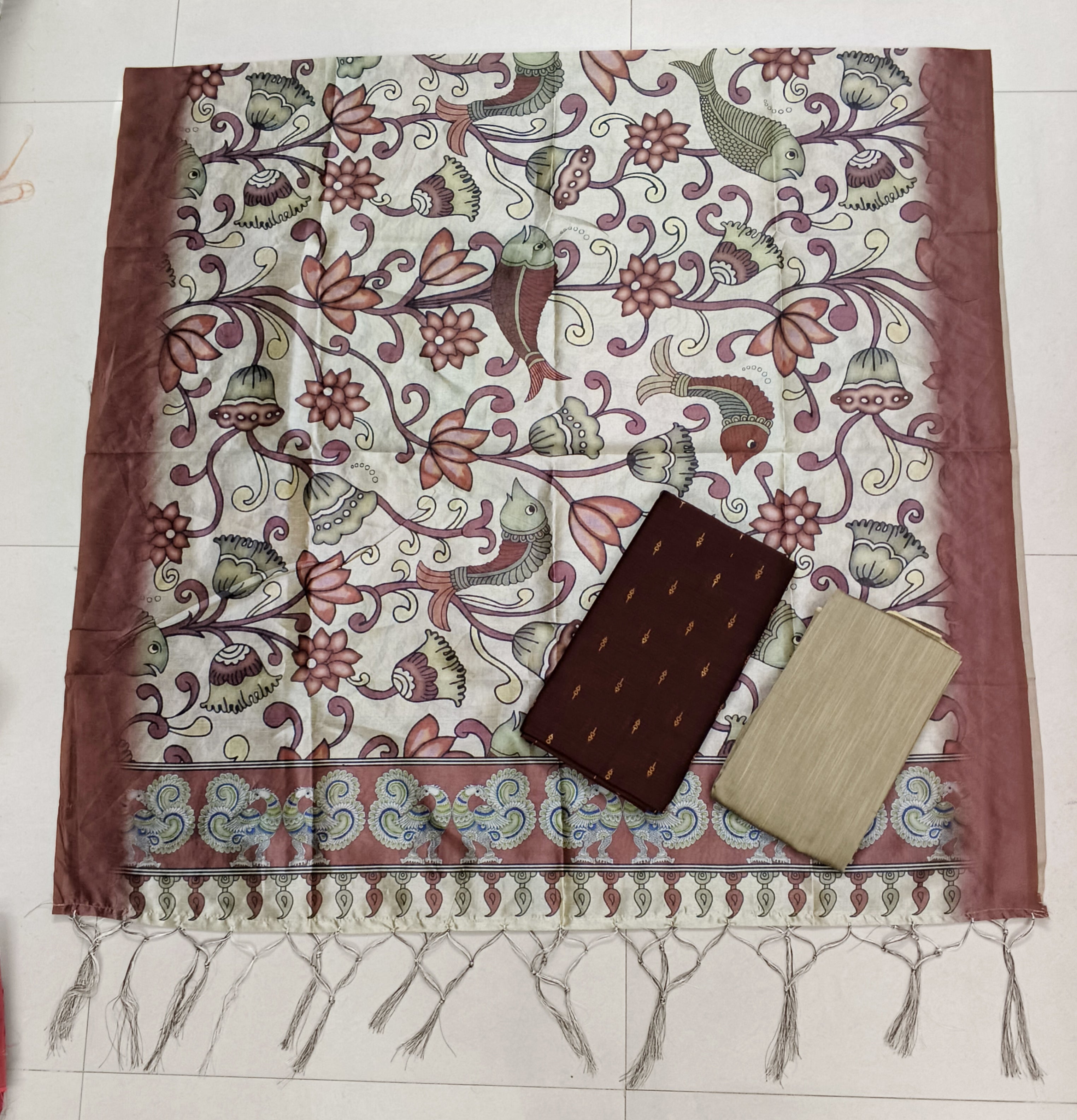 brown assam silk duppata 3 piece set