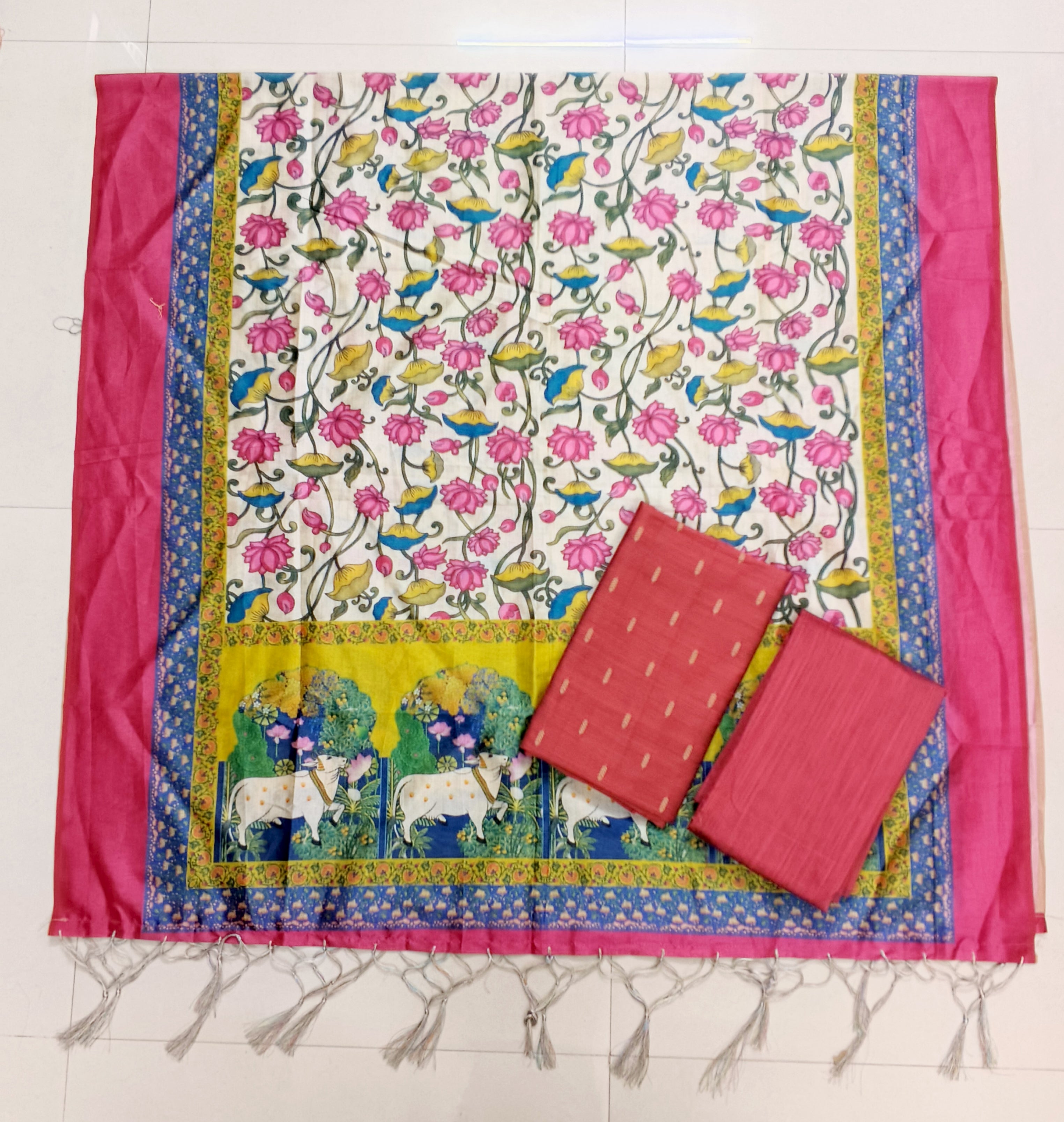 peech colour floral motiv assam silk duppata with raw silk top 3 piece set