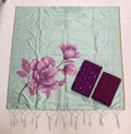 dark purple big floral assam silk duppata with raw silk top 3 piece set