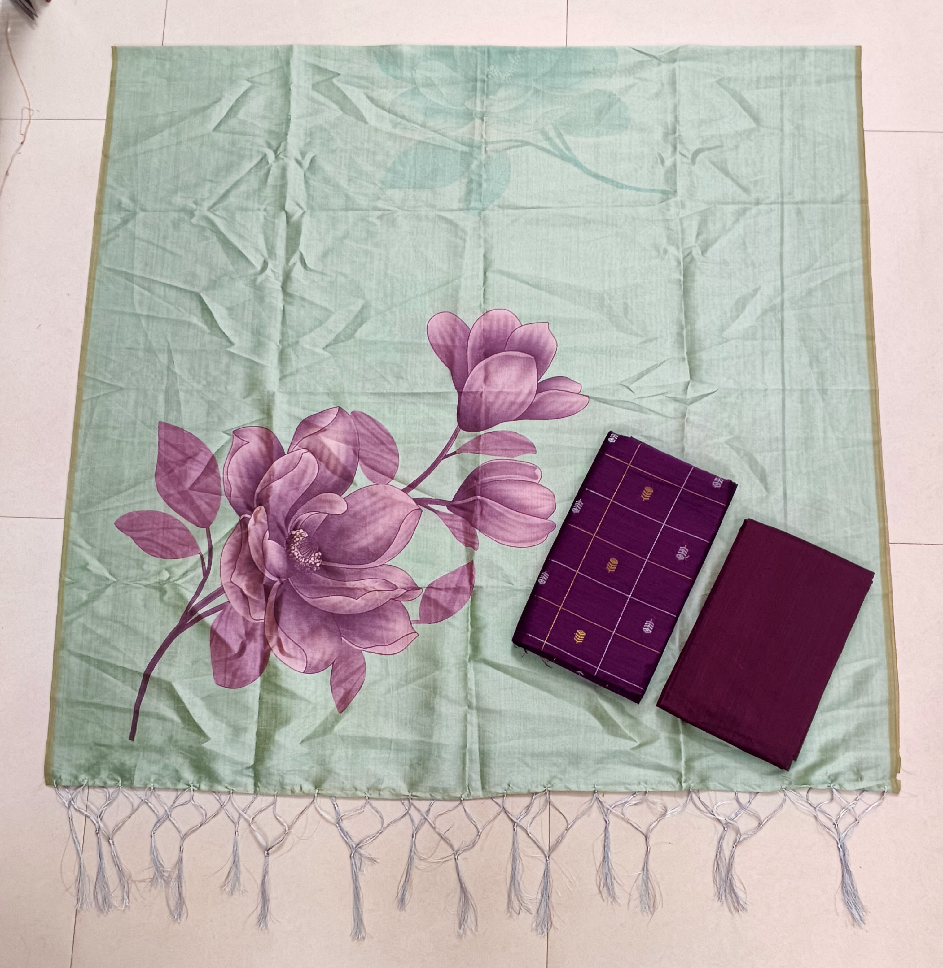dark purple big floral assam silk duppata with raw silk top 3 piece set