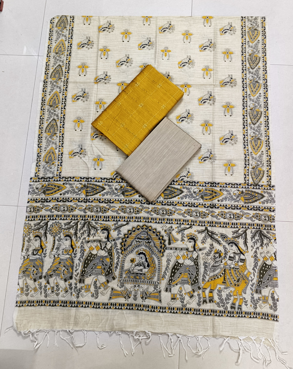 mustard yellow madhubani 3 piece set