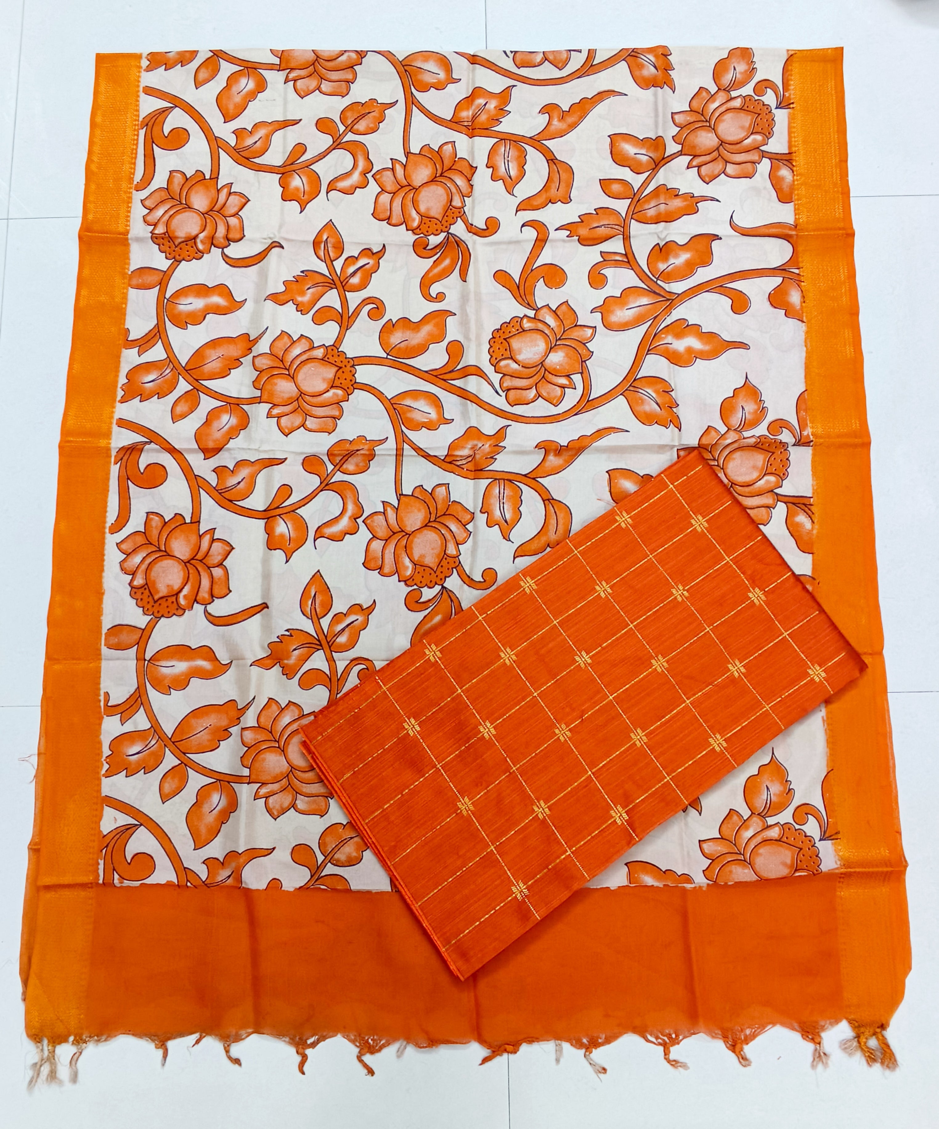 orange lotus design chennuri silk duppata with raw silk top
