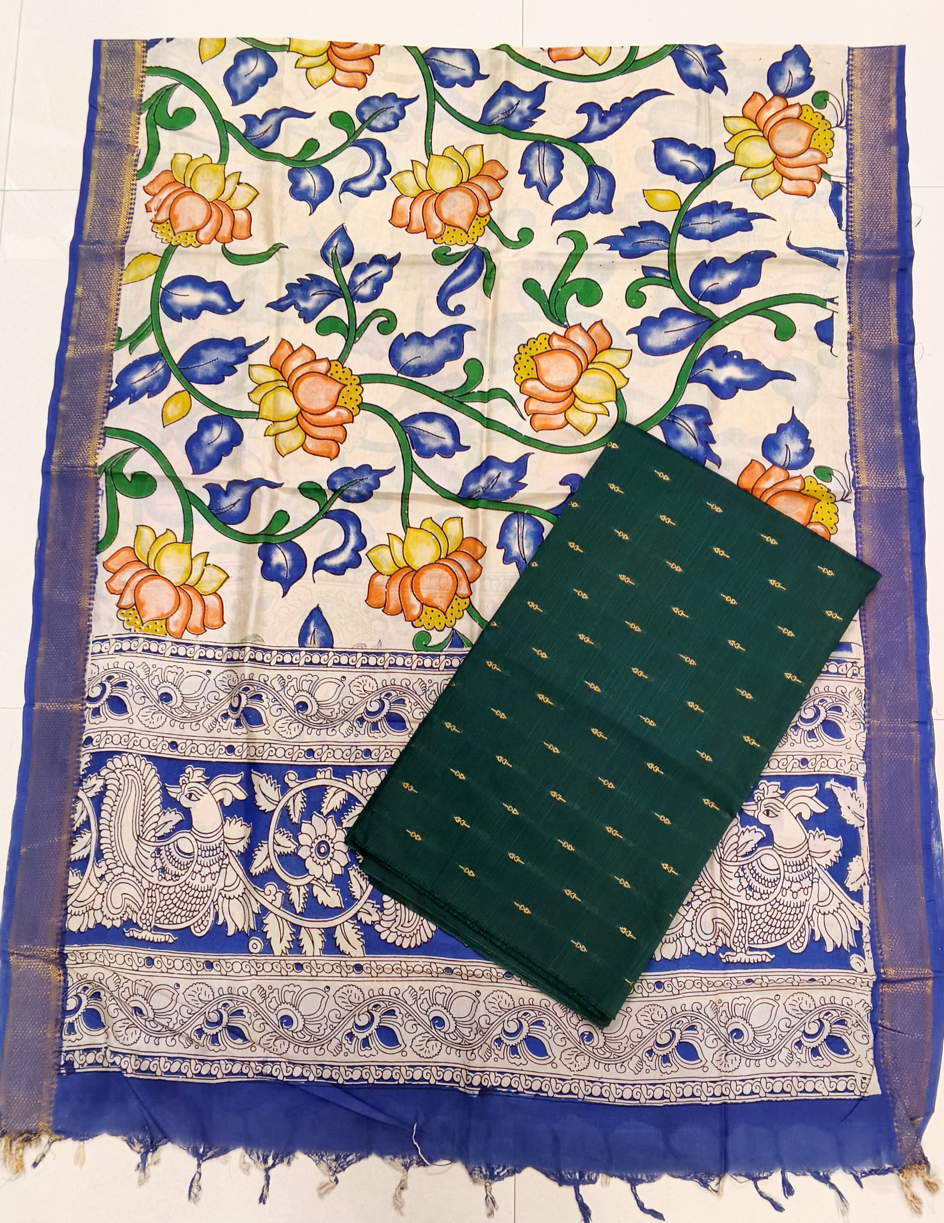 royal blue with green chennuri silk uppata with raw silk top